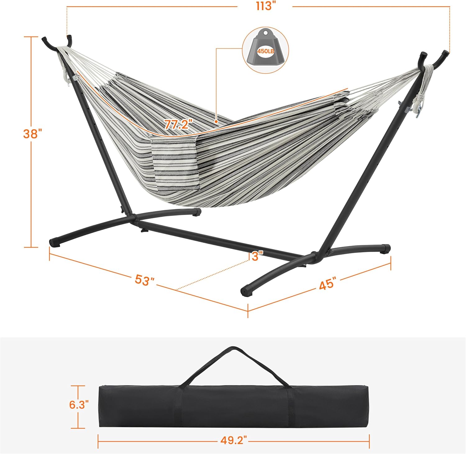 Diagram showing the dimensions of the assembled hammock and stand, along with the 450lb weight capacity.