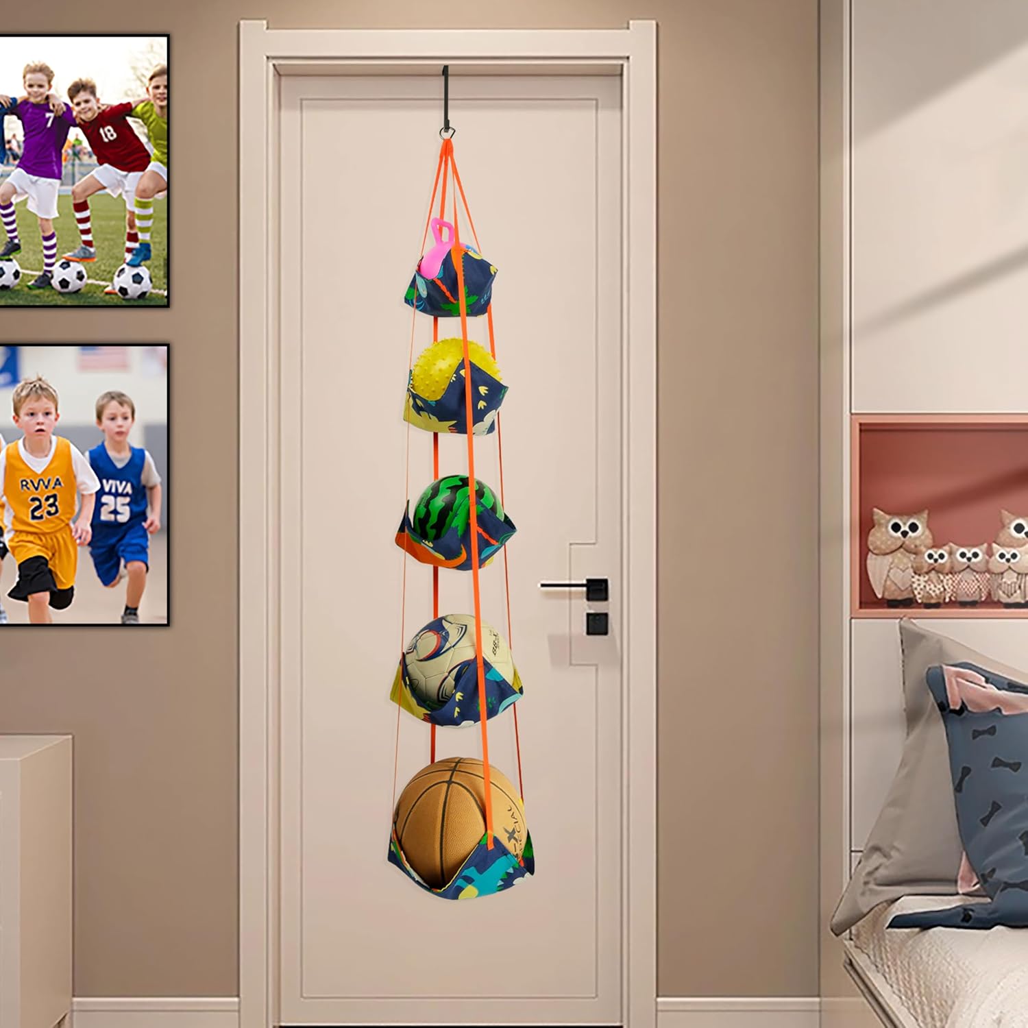5 Tiers Over The Door Toy Storage Net, Basketball Sports Balls Organizer, Stuffed Animals Hanging Net, No Drill Toy Storage for Girls Boys Bedroom Playroom