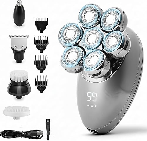 ROSHNI Afeitadoras de cabeza para hombres calvos, afeitadora eléctrica 7D con cabezal magnético desmontable, IPX7, impermeable, húmedo y seco,