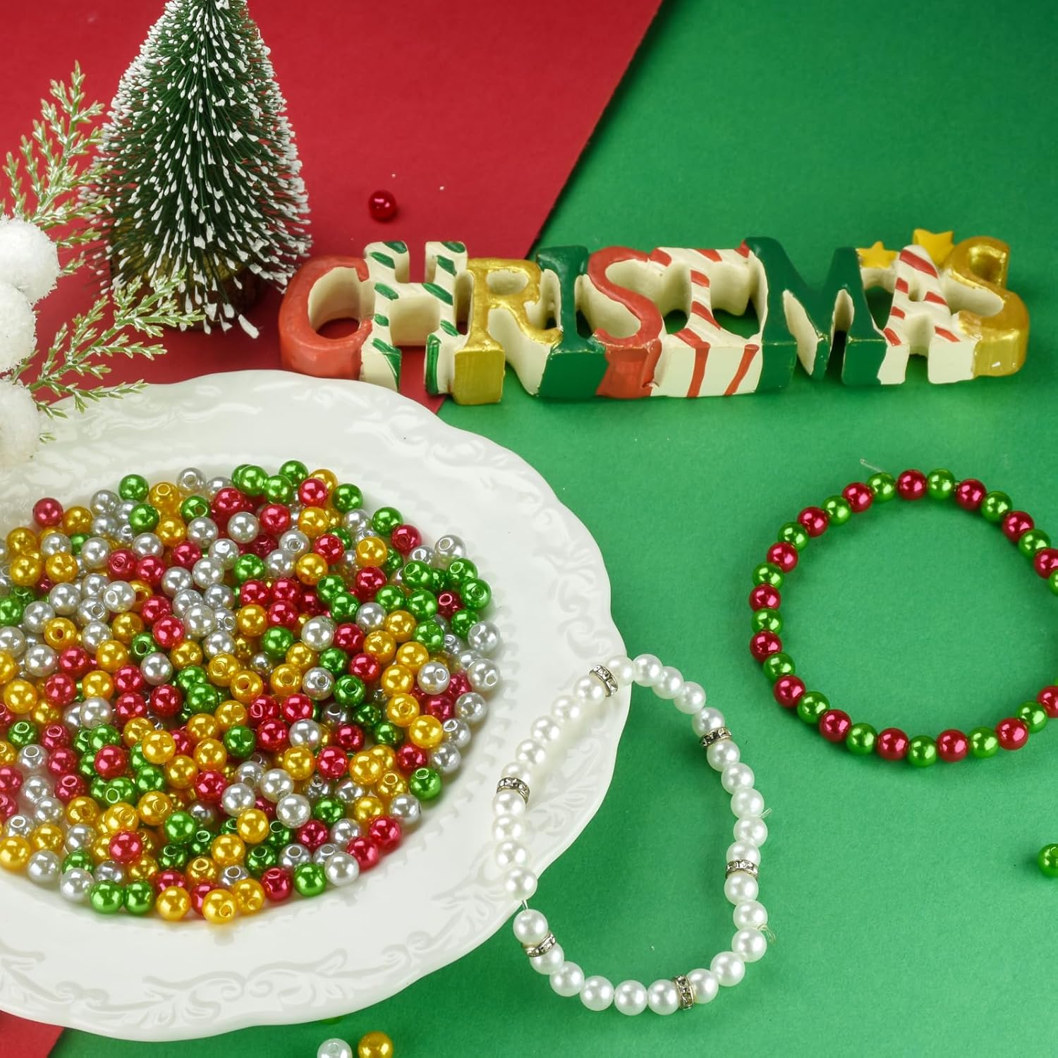 1500Pcs Christmas Pearl Beads 6mm, Red Green Gold and Silver Pearl Bead Xmas Holiday Party Decoration Necklace Earrings Beads DIY Ornament Kit (Christmas Red Green Gold Silver) - Image 5