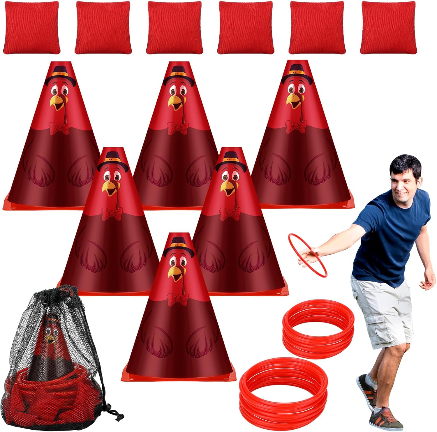 Simgoing 3 in 1 Thanksgiving Games Ring Toss Fall Festival Thanksgiving Carnival Games with Turkey Ring Toss Plastic Cones Bean Bags for Adult Family School Outdoor Sport Yard Activities Party Favors