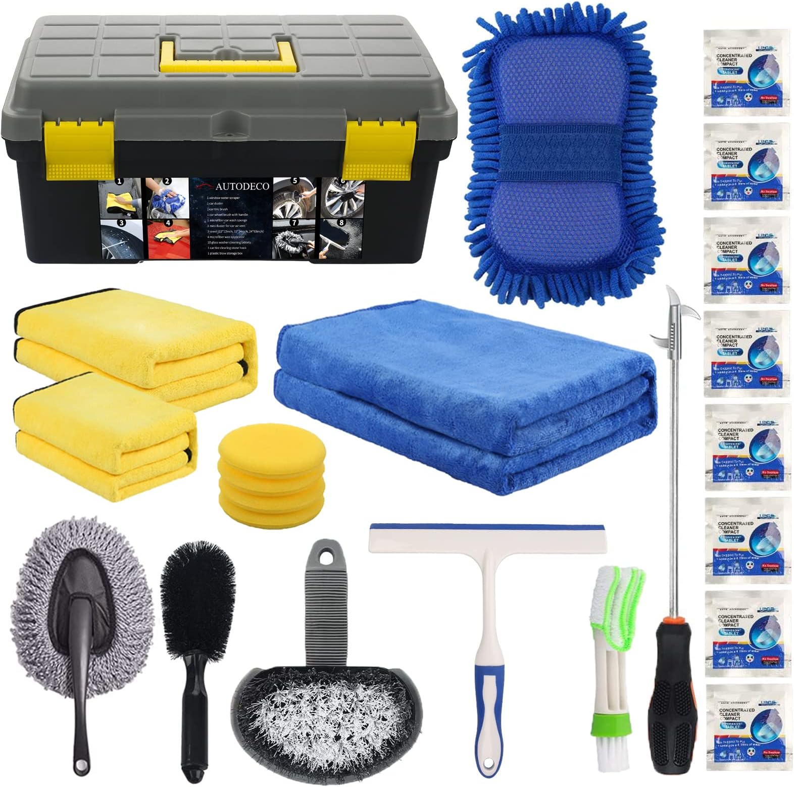 AUTODECO25Pcs Microfibre Car Wash Cleaning Tools Set Gloves Towels Applicator Pads Sponge Car Care Kit Wheel Brush Car Cleaning Kit with Storage Box Black Grey Yellow Handle