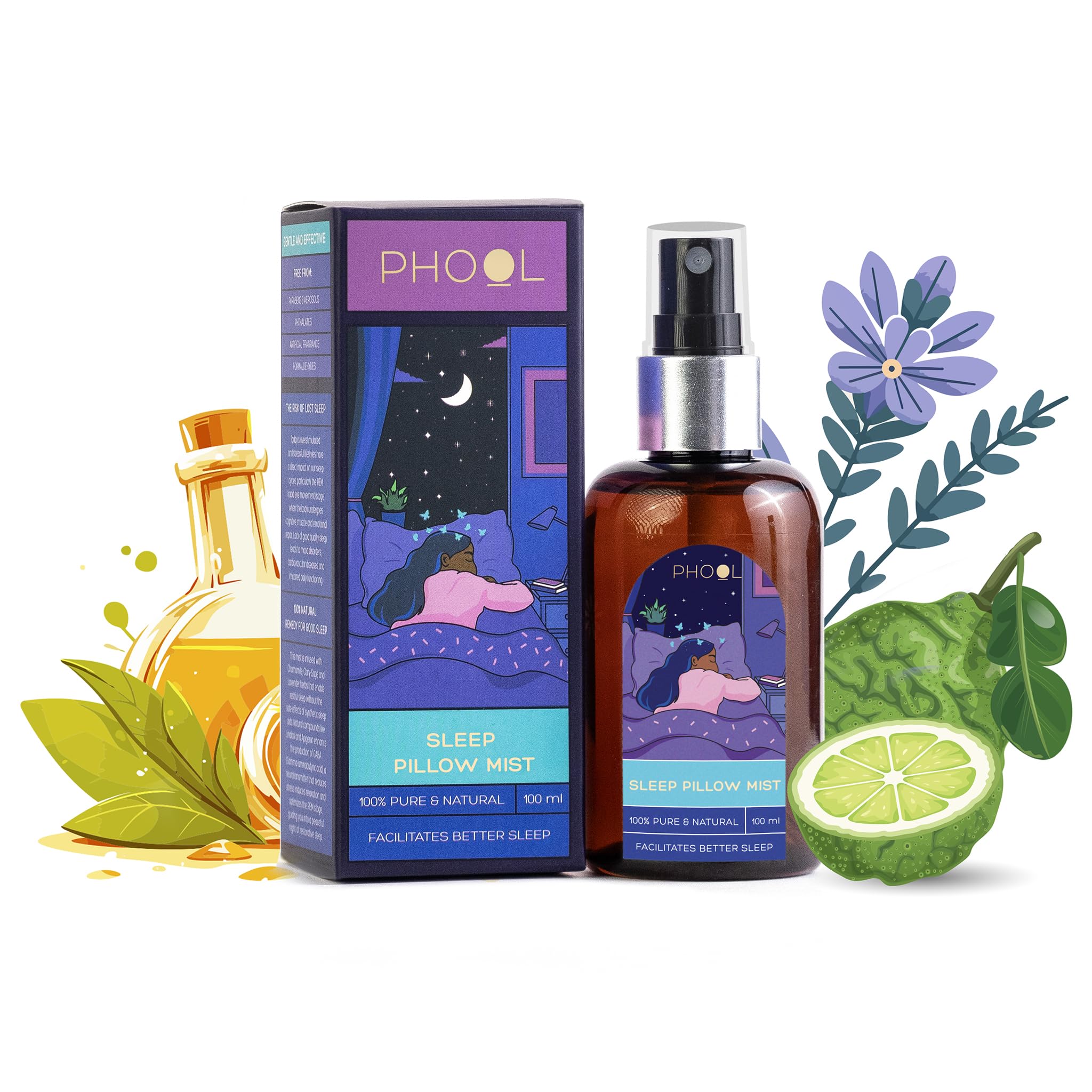 PHOOL LUXURY INCENSE Sleep Pillow Mist - 100 Ml |100% Pure And Natural|Aromatic,Calming & Relaxing Pillow Mist|Helps In Nerve Relaxation|Chamomile & Lavender Extract Sleep Support