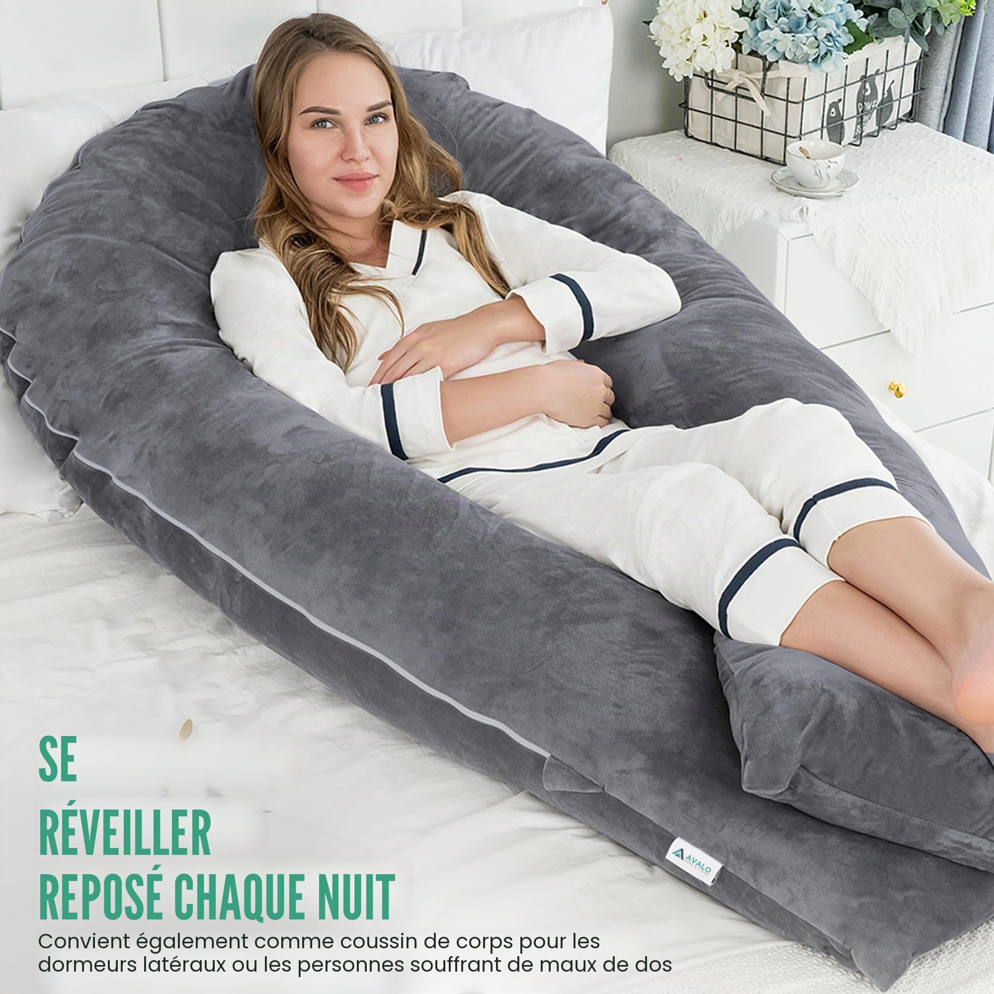 Avalo Coussin de Grossesse XXL 280 cm - Oreiller de positionnement latéral en Forme de U - Oreiller Corps Ergonomique - Coussin d'allaitement et de Corps pour Femmes Enceintes - Gris foncé
