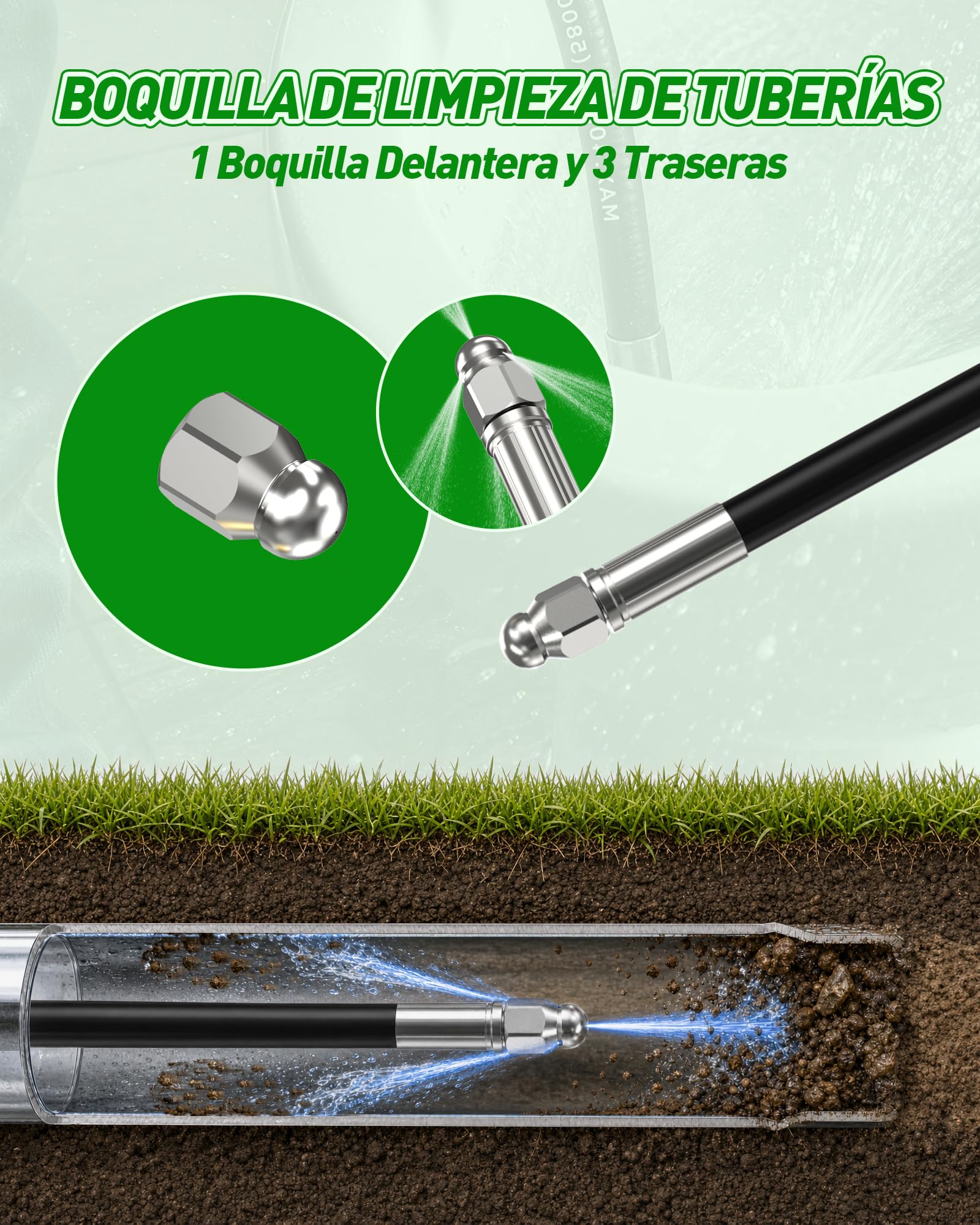 15M Manguera Desatascador Tuberias a Presion para Kärcher, Lavor, Bosch | 180Bar Kit Limpieza Tuberías, 2 Boquillas Fijas+Giratorias, para Hidrolimpiadoras Kärcher K2 K3 K4 K5 K6 K7 HD HDS y Parkside