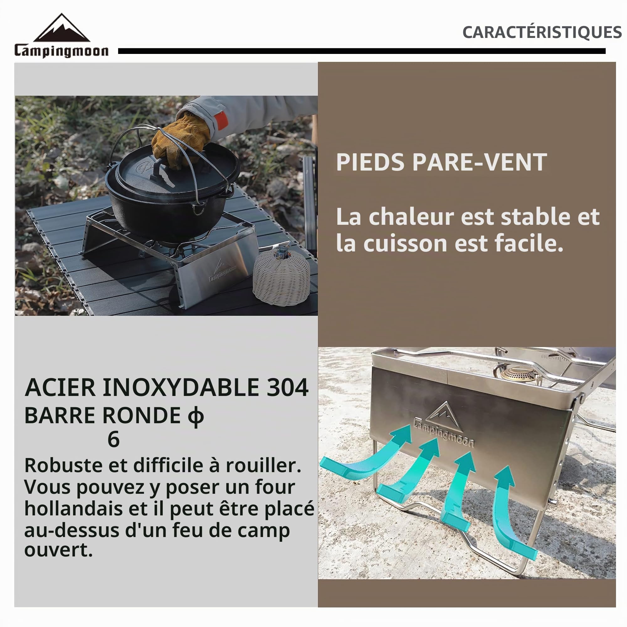 Campingmoon MS -1018-SW Barbecue portable en acier inoxydable 304 avec grille de cuisson, pieds de pare-brise et sac de transport