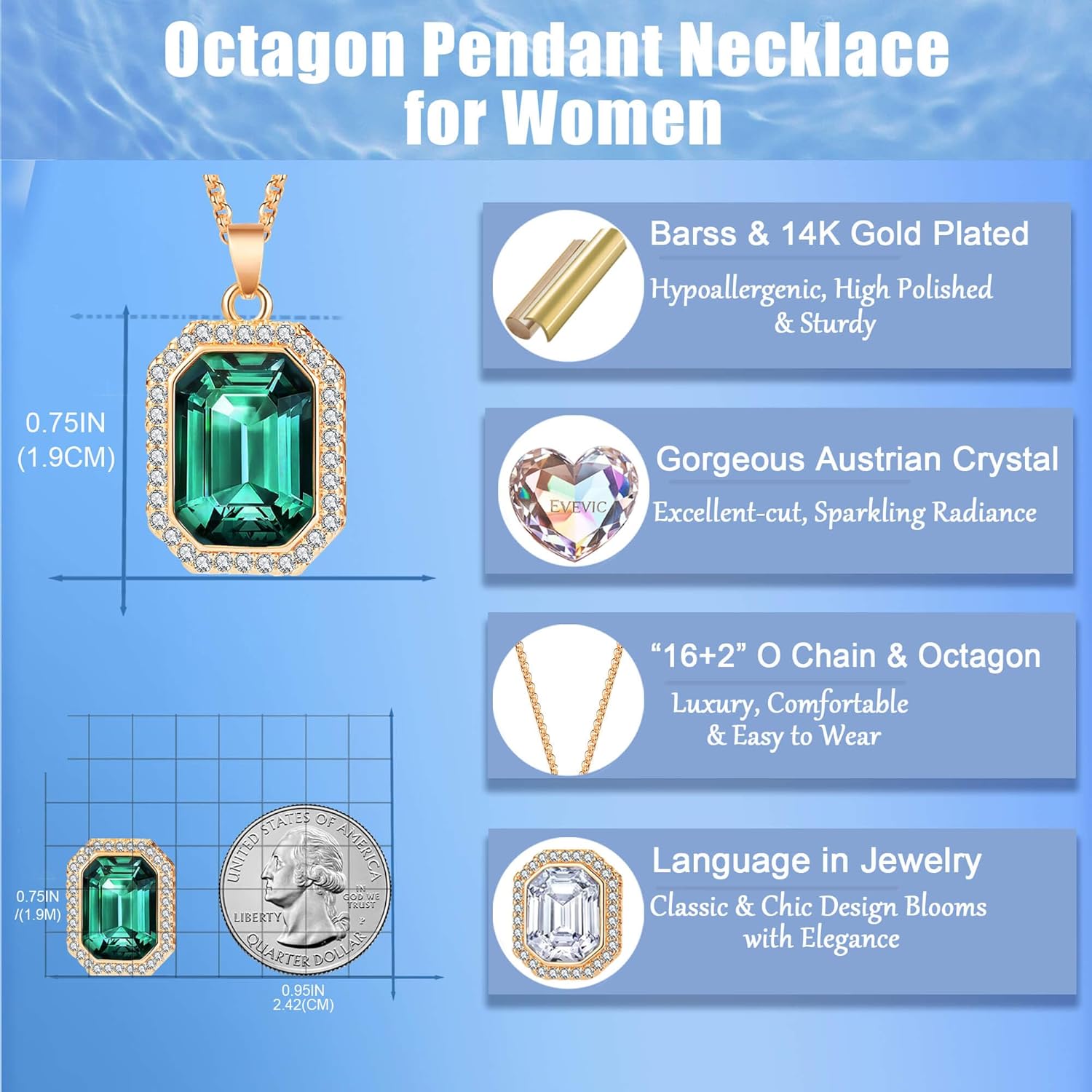 EVEVIC Austrian Crystal Halo Octagon Pendant Necklaces for Women Fashion 14K Gold Plated Dainty Necklace Hypoallergenic Jewelry - Image 5