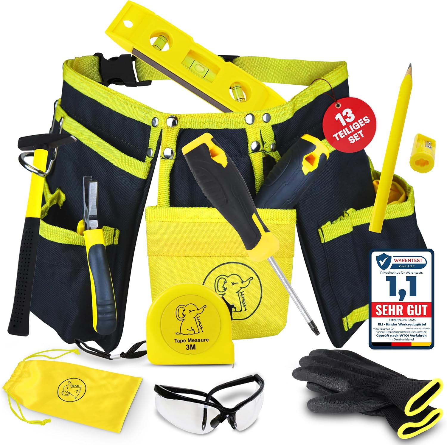 Eli Children's Tool Belt Set from 6 Years   High Quality Real Children's Tool   Includes Hammer and Goggles   Gloves   Multitool   Tool for Builders   Builders