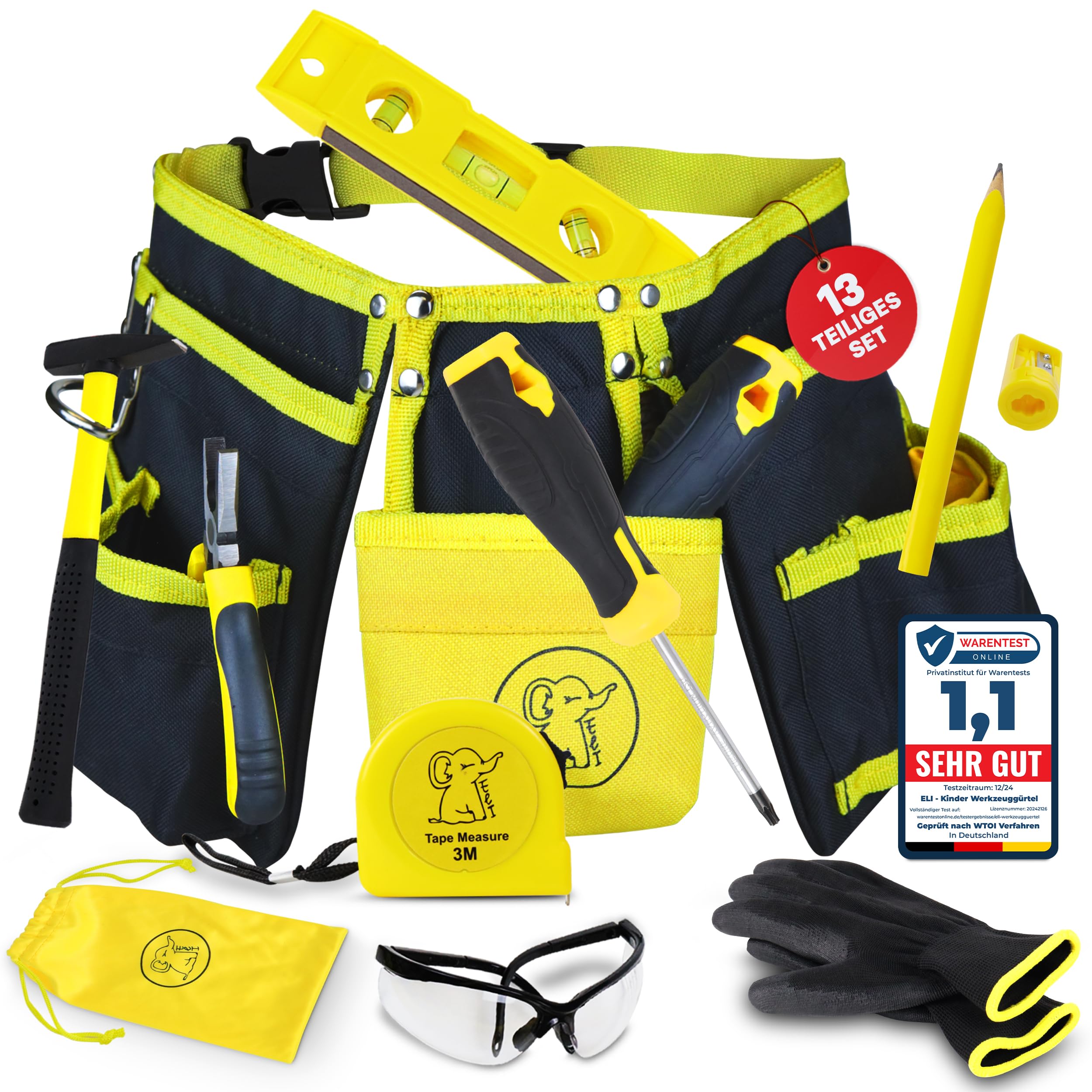 Eli® Werkzeuggürtel Kinder Set ab 6 Jahre - hochwertiges echtes Kinderwerkzeug - inkl. Hammer und Schutzbrille - Handschuhe - Multitool - Werkzeug für Baumeister - Bauarbeiter