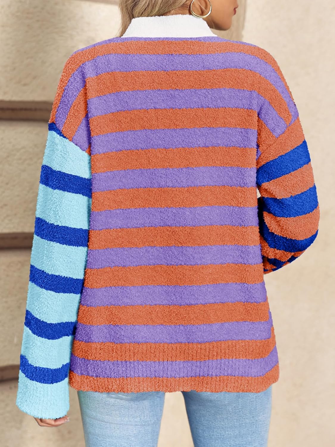 Saodimallsu Womens Striped Cardigan Sweaters V Neck Open Front Button Up Color Block Fuzzy Loose Knit Coats - Image 5