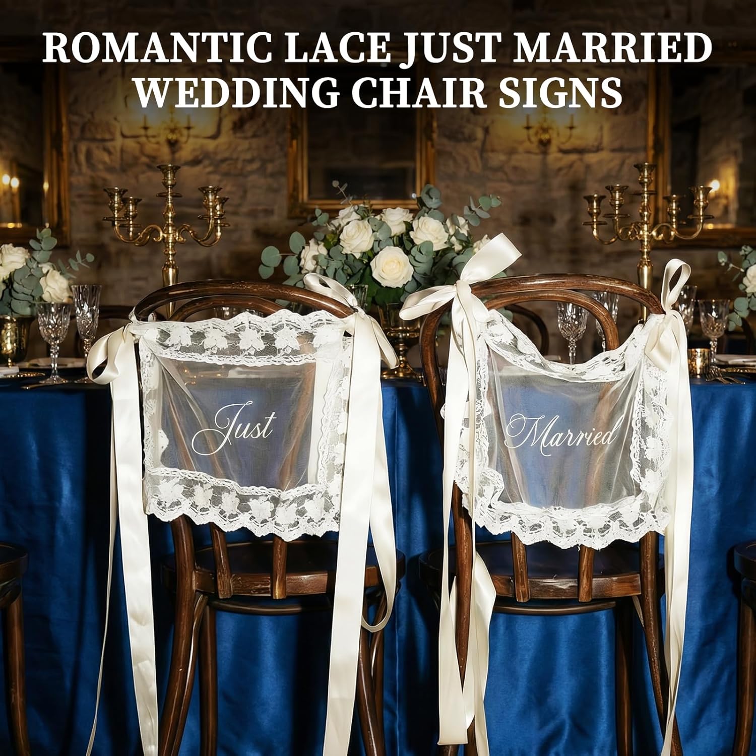 Just Married Chair Signs for Wedding Ceremony, Set of 2 Romantic Fabric Lace Wedding Chair Decorations with Ribbon, Bride and Groom Chair Banners for Reception Sweetheart Table Chairs Back Decor