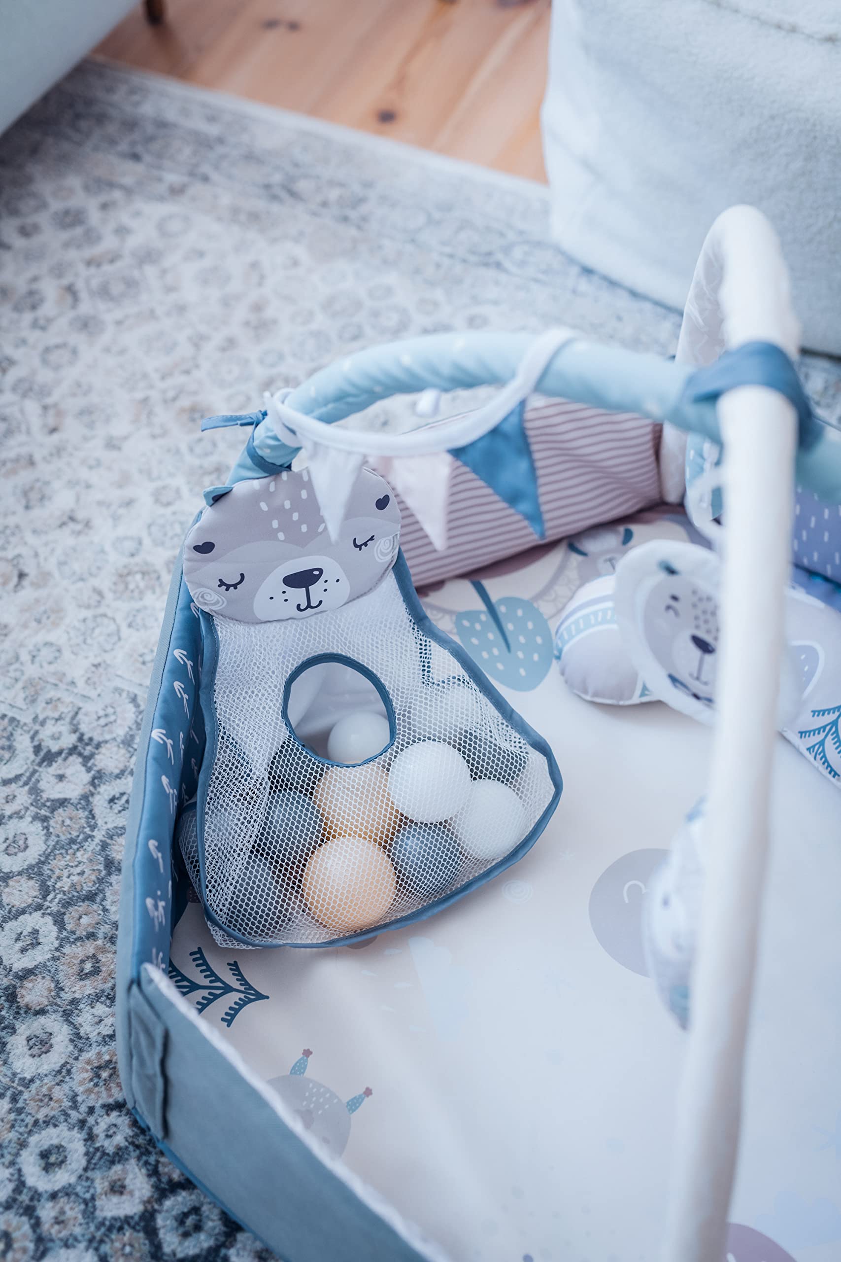 Arche de jeu MoMi PASTEL avec tapis rampant 3 en 1 pour bébé dès la naissance, tapis d'activité sensorielle avec 2 arches, bain de balles, 5 jouets, 20 balles avec sac