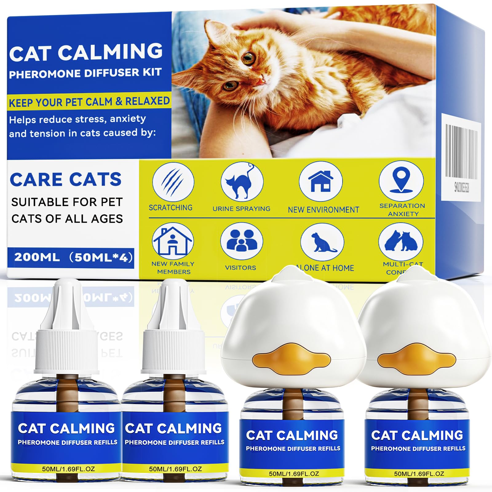 Prise apaisante à phéromones pour chat – Kit diffuseur de phéromones de 120 jours pour chats, aide à soulager l'anxiété et réduire les griffures, comprend 2 diffuseurs de prise + 4 bouteilles de