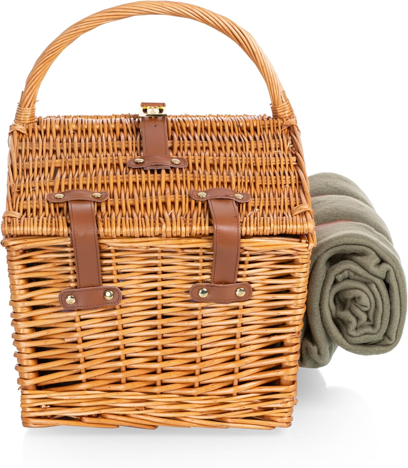 PICNIC TIME Somerset Deluxe Picnic Basket with Blanket, Romantic Wine Wicker Basket with Handle, Complete Deluxe Service for Two, Features Leatherette Straps and Double-lid Opening, (Sage Green)