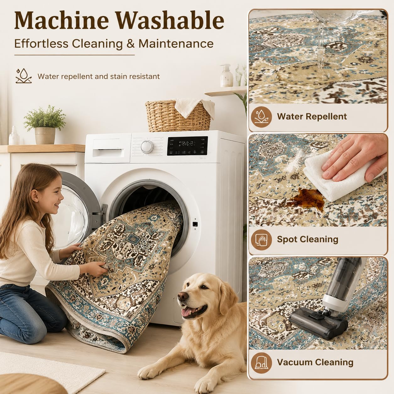 Vintage Teppich Wohnzimmer Waschbarer - Orientalisches Ethno Stil, Weicher Retro Kurzflor Teppiche, Rutschfest & Faltbar, Pflegeleicht für Schlafzimmer, Flur & Esszimmer Büro, 200x300 cm, A2