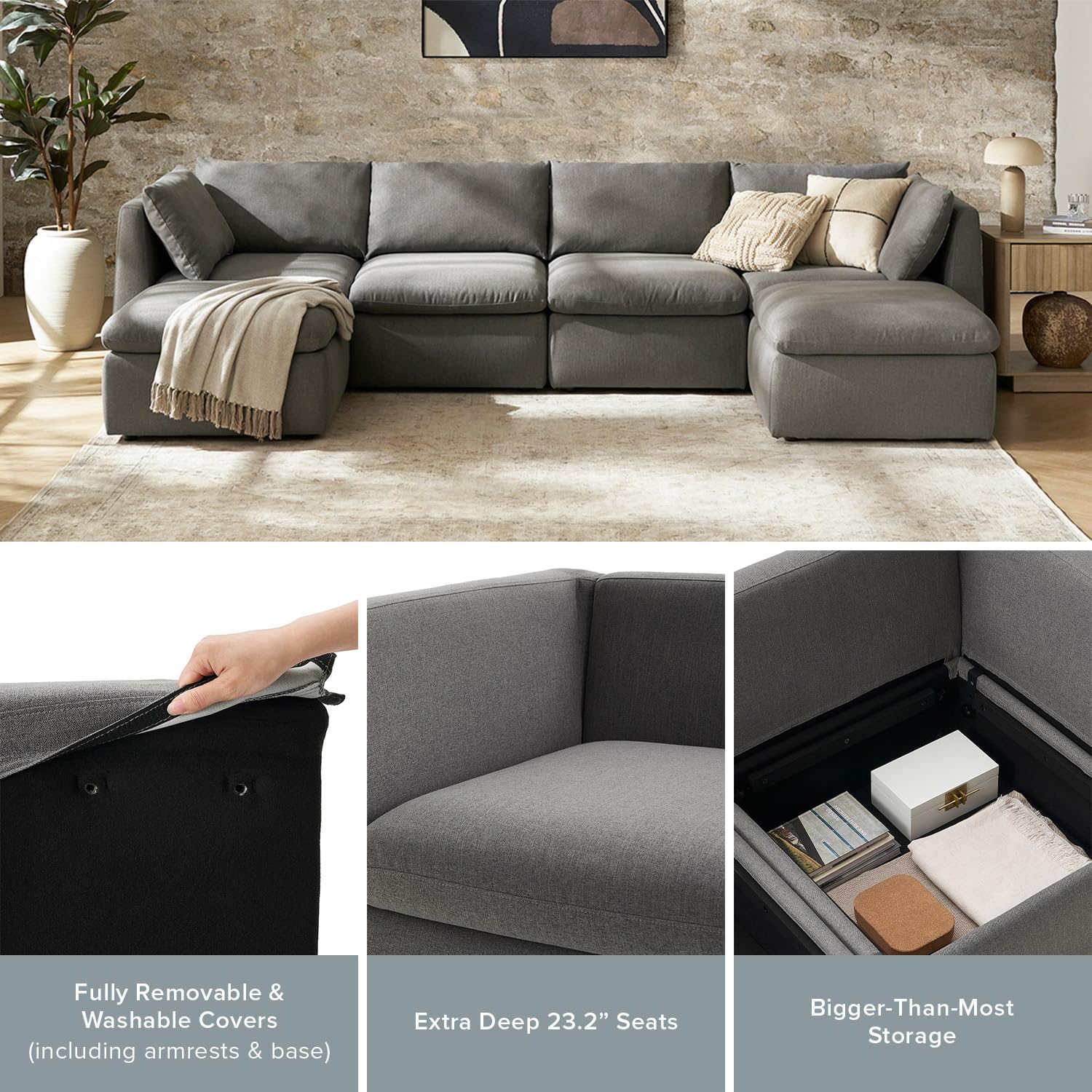 mopio Ottoman Module with Fully Removable Washable Covers, Large Storage Footrest and Seat Cube for Modular Sectional Sofa Couch, Modern Contemporary Module Piece, Grey Fabric