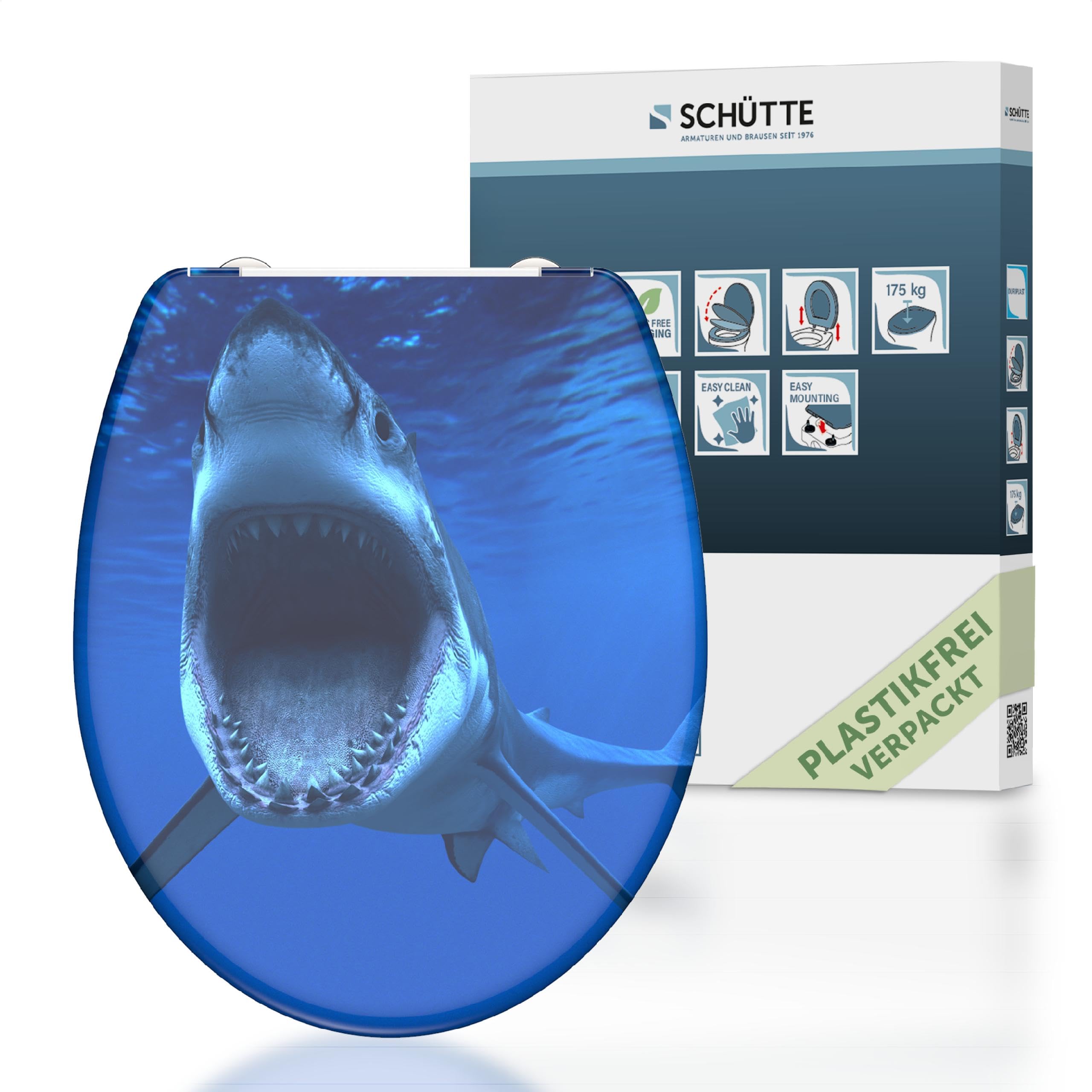 SCHÜTTE WC-Sitz SHARK mit Absenkautomatik und Schnellverschluss aus Duroplast, Toilettendeckel mit 175kg Belastbarkeit, Toilettensitz mit Brille, Klodeckel für WC, Klobrille mit Motiv