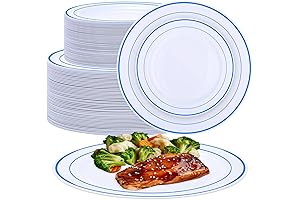 100 Pieces White with Blue Rim Disposable Party Plates