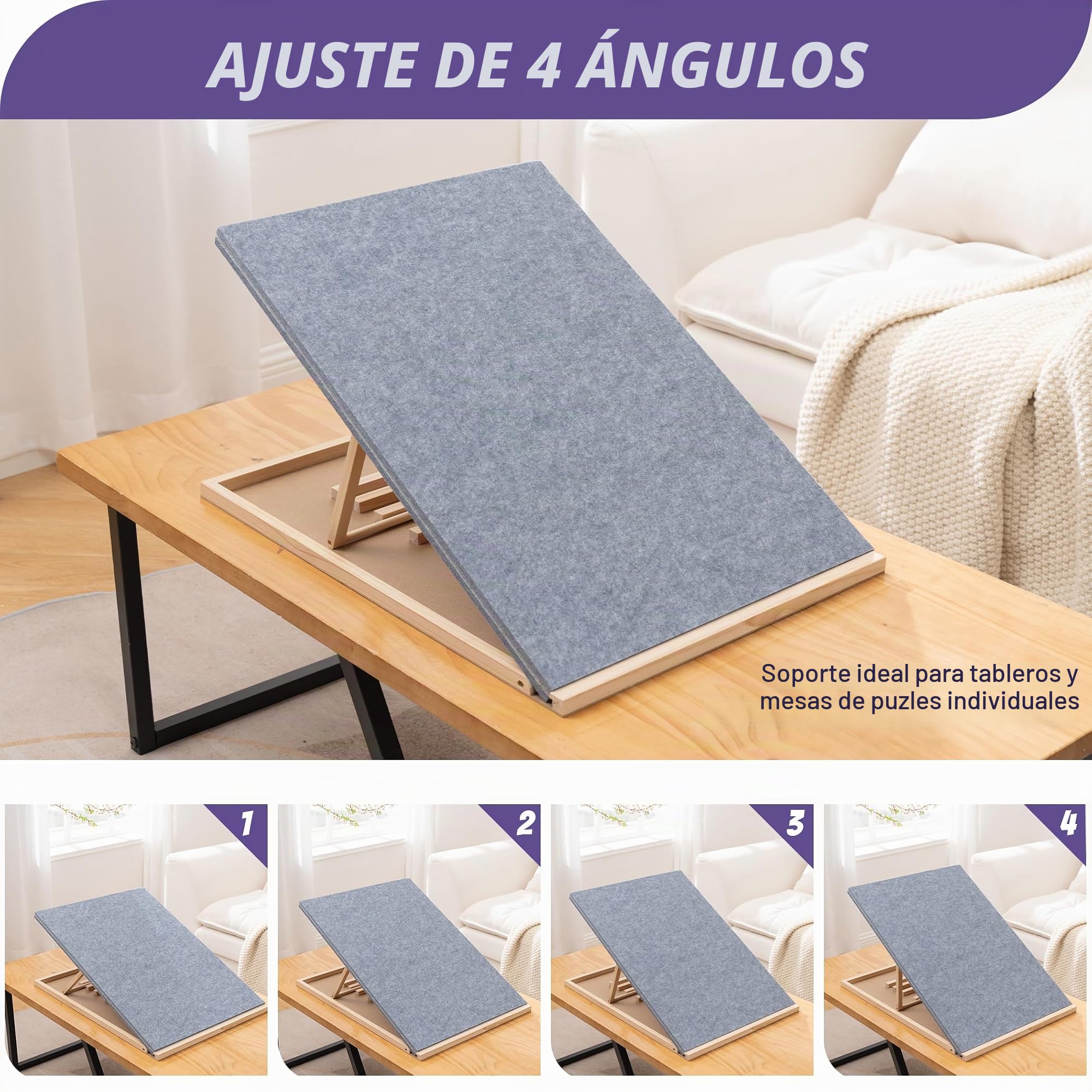 Tektalk - Tabla de Rompecabezas Plegable con 4 ángulos Ajustables, Bandeja Ligera y portátil con Caballete de Madera, Mesa de Rompecabezas Plegable de Fieltro, hasta 1500 Piezas (Gris)