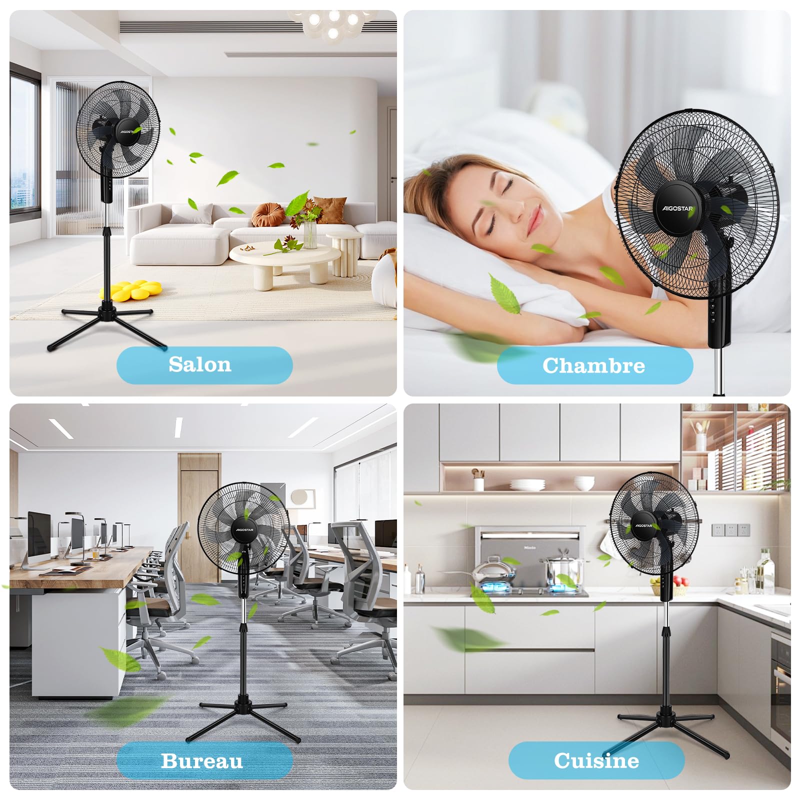 Aigostar Ventilateur sur pied, 7 Pales, 3 Vitesses, Puissant, Silencieux et Stable, 50W, Grille Sécurisée, VDE, Noir