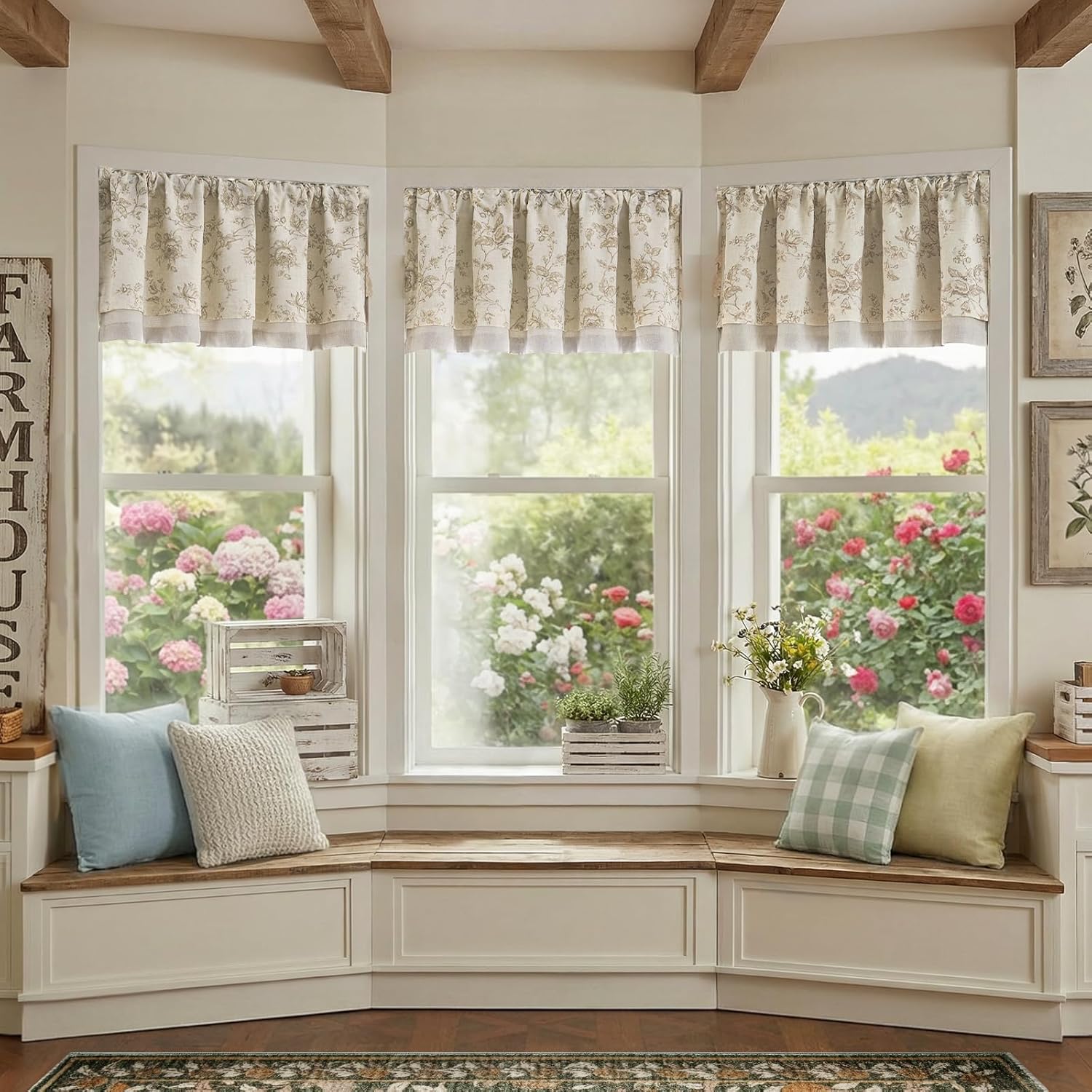 jinchan Amlie Floral Linen Valance Curtain Farmhouse Kitchen Valance for Living Room Laundry Light Filtering Double Layer Cottagecore Window Treatment Rod Pocket 1 Panel 16 Inch Taupe on Linen