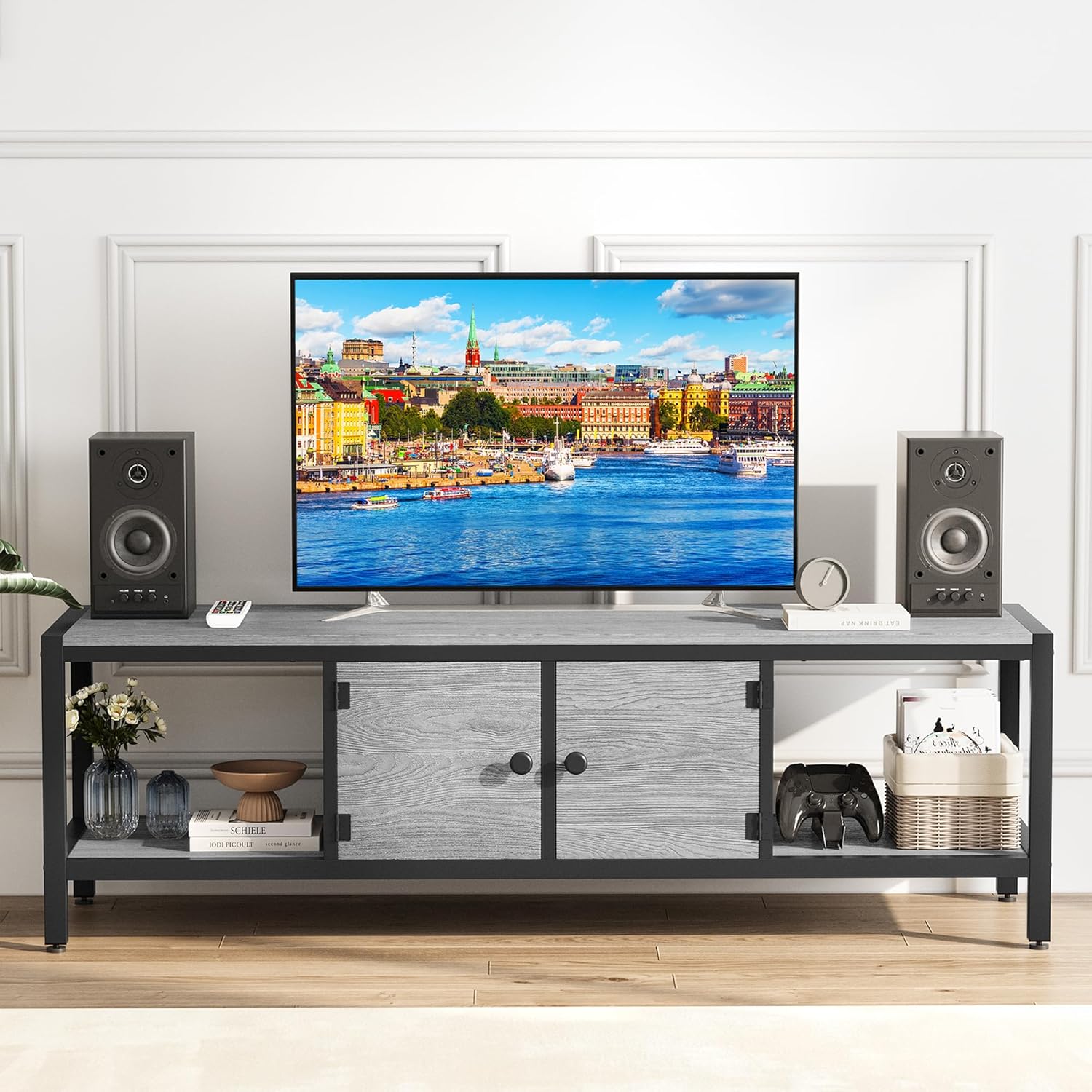 GAOMON 58" TV Stand for TV up to 65 Inches, Large TV Console Table with 2 Closed Storage Spaces and Open Compartments, Wooden Entertainment Center with Adjustable Feet for Living Room, Bedroom, Grey