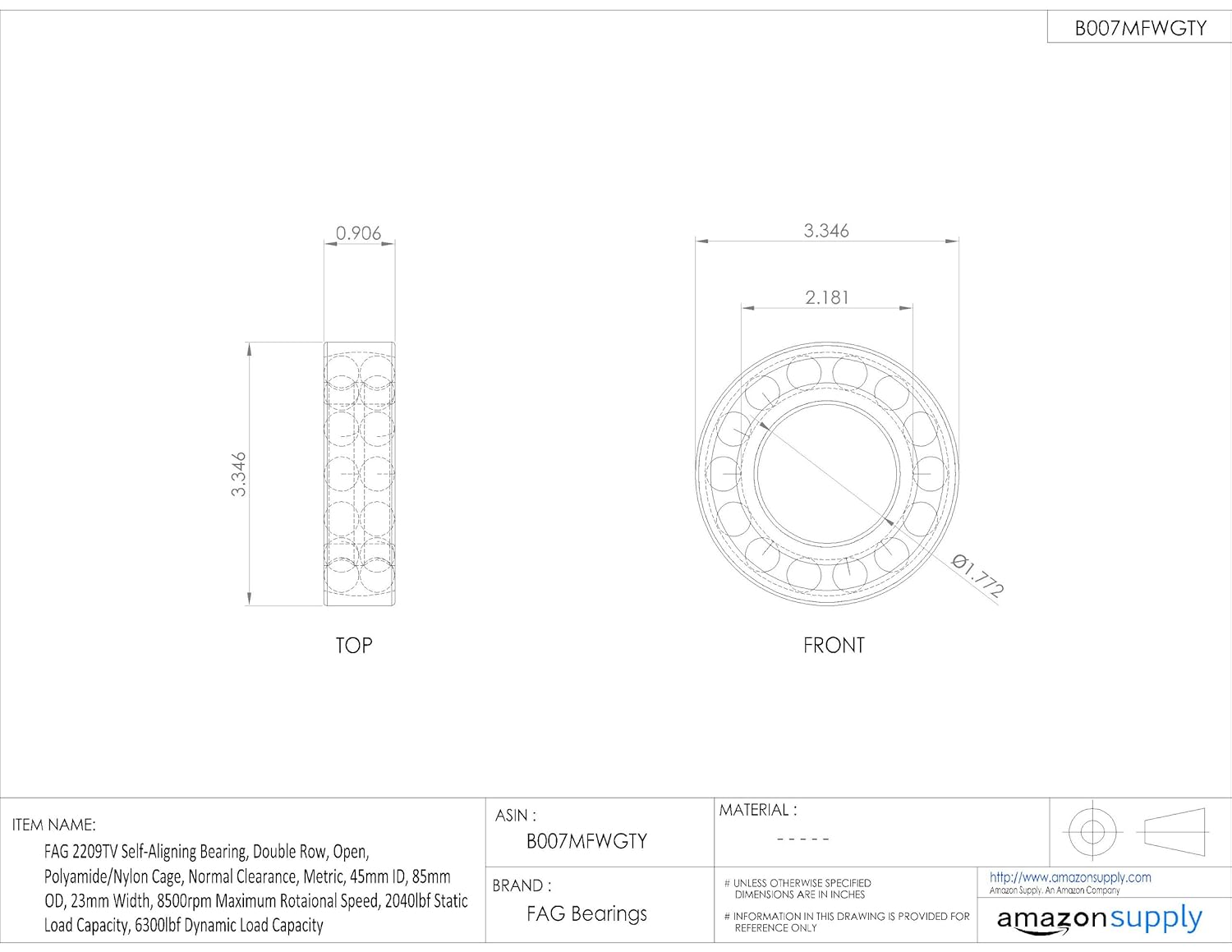 FAG Bearings 2209TV Double Row Self-Aligning Bearing, Open, Polyamide/Nylon Cage, Normal Clearance, Metric, 45mm ID, 85mm OD, 23mm Width, 8500rpm
