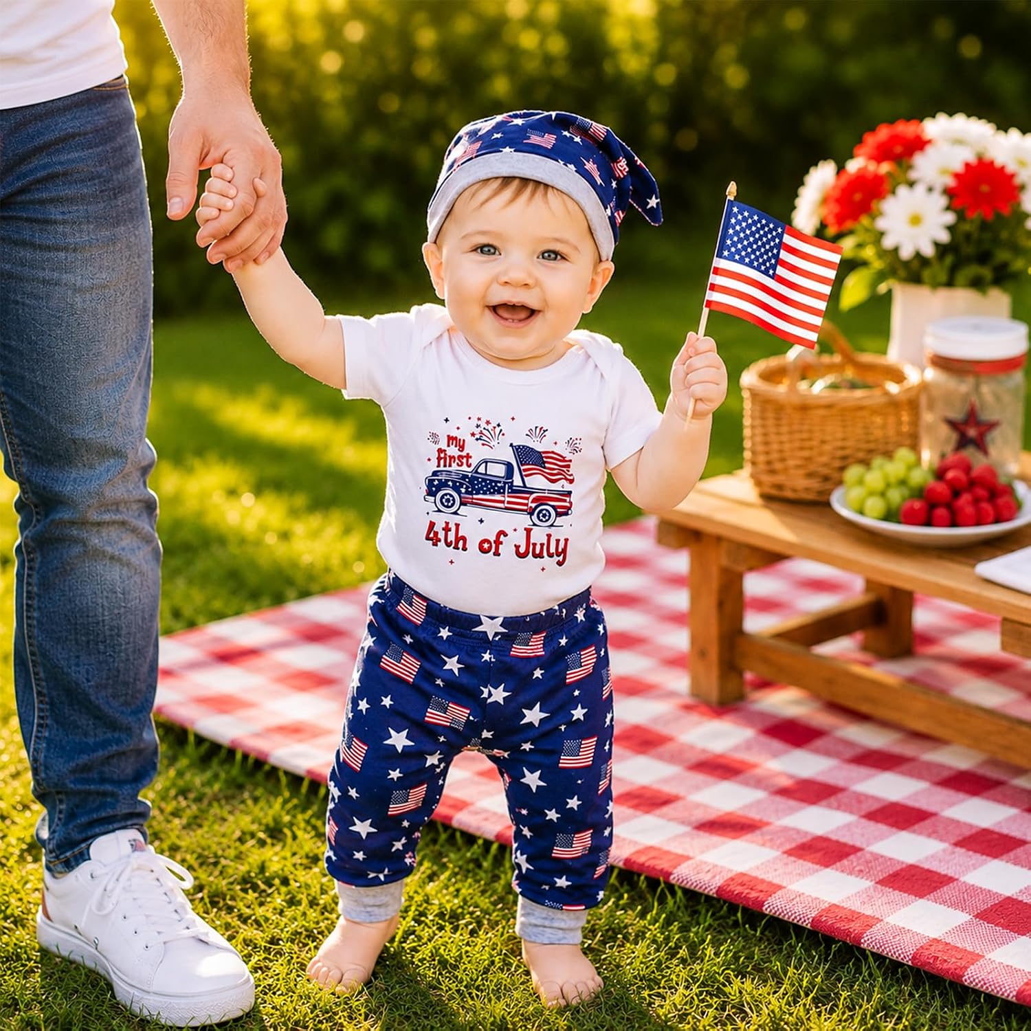 My First 4th of July Baby Boy Outfit Retro Patriotic Romper USA Flag Pants and Hat 3pcs Newborn Clothes