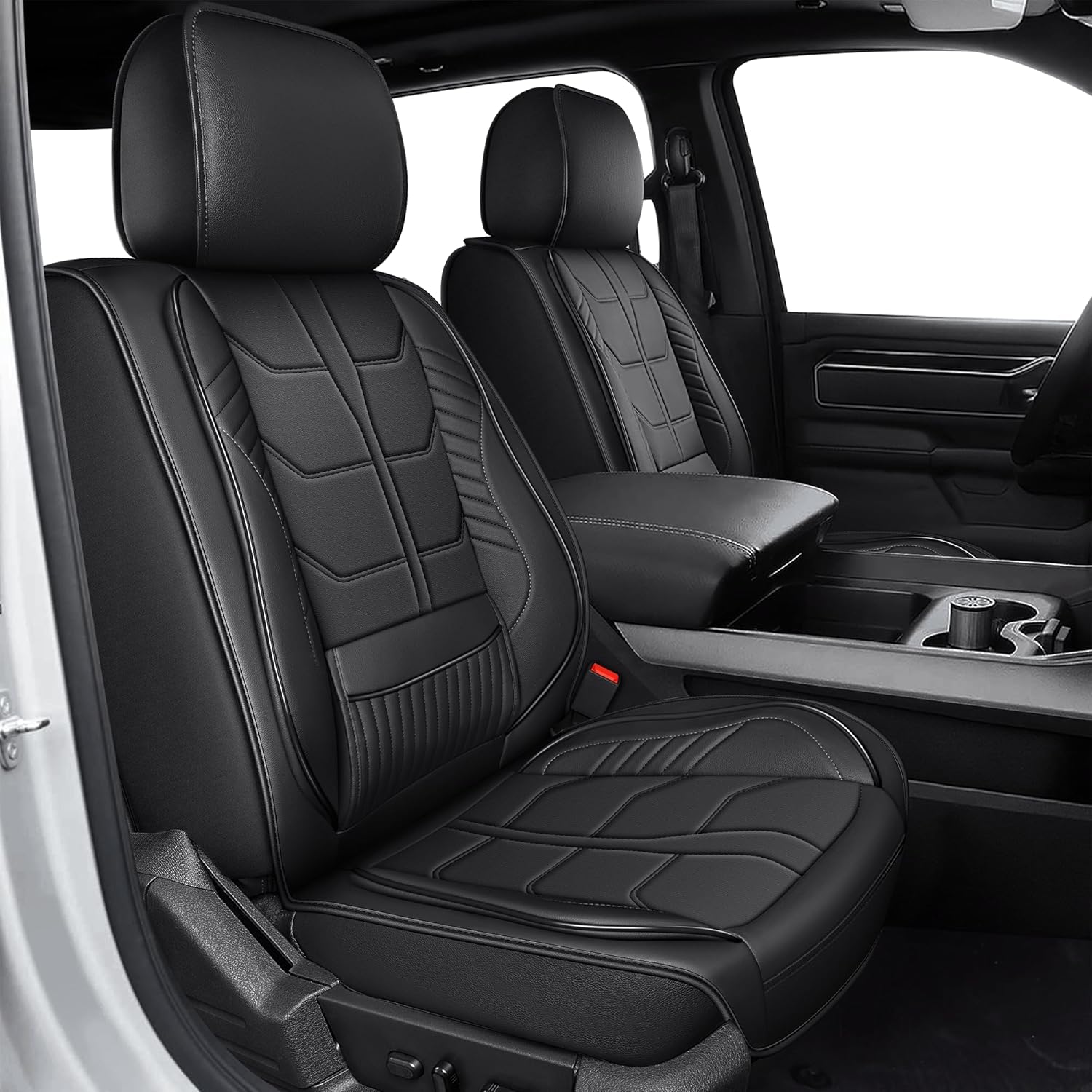 Car Seat Covers Fit for Dodge Ram 2002-2026 1500 2500 3500 Front Set Big Horn Laramie Tradesman Waterproof Faux Leather Seat Protectors Fit for Dodge Ram Crew Cab&Quad Cab(2 Seats,Black)