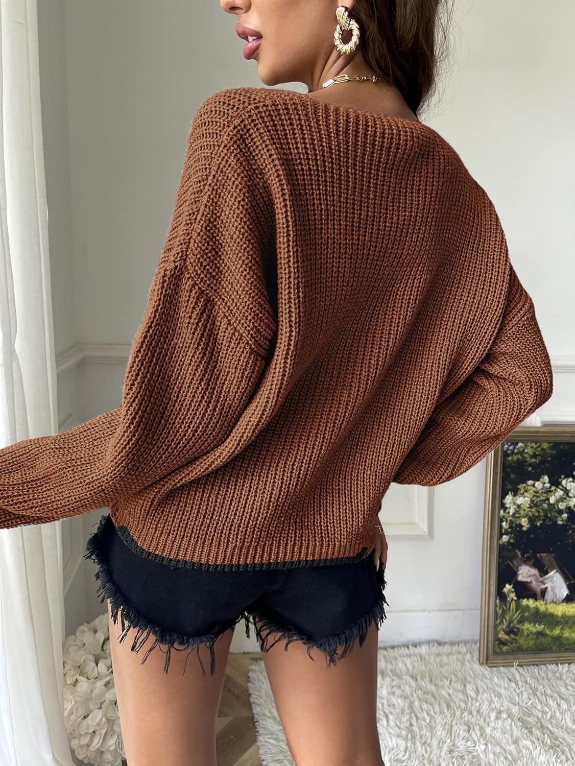 Women's Sweater Drop Shoulder Ribbed Knit Sweater Sweater for Women (Color : Gray, Size : Medium)