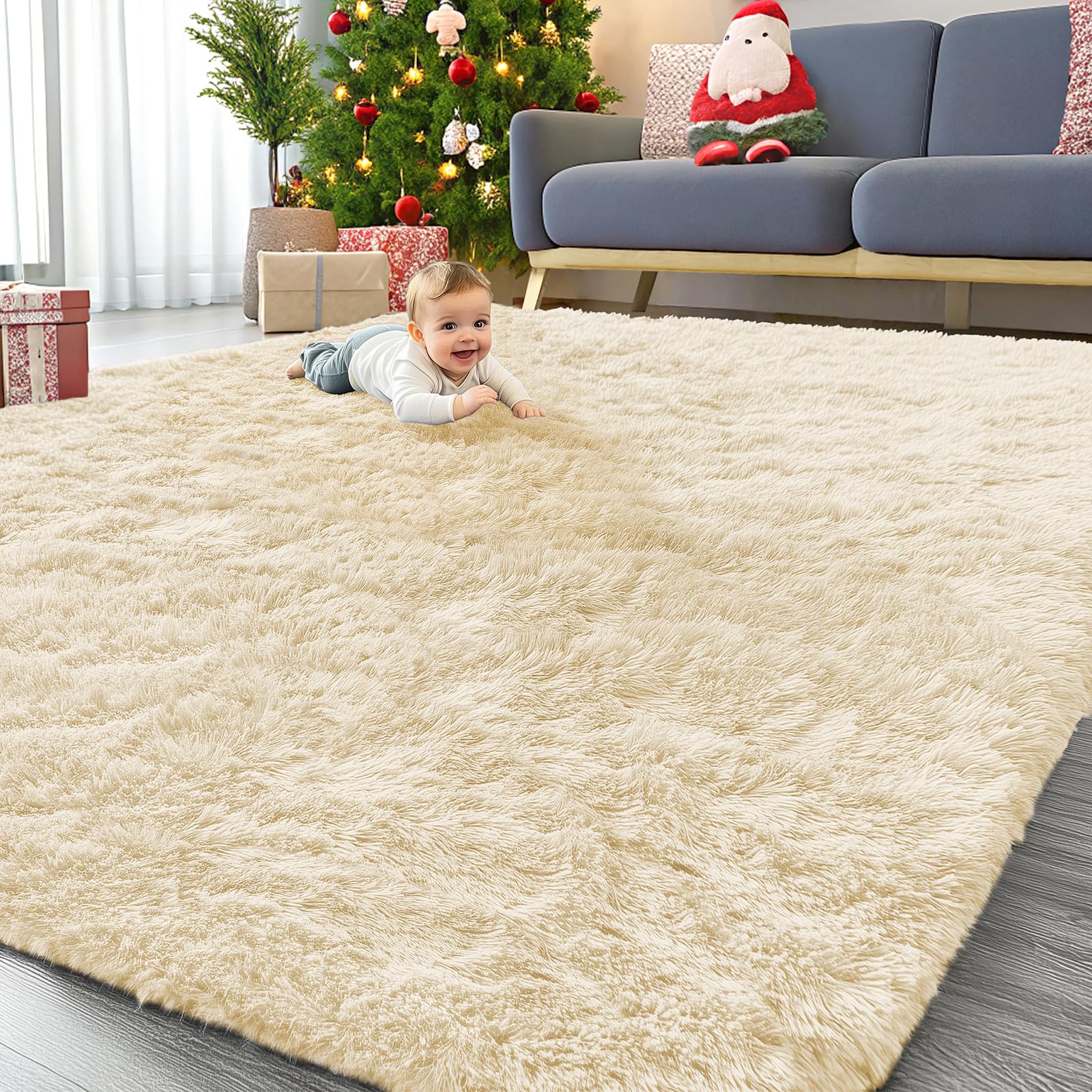 Photo 1 of OLANLY 9x12 Machine Washable Large Area Rugs for Living Room, Bedroom, Soft Fluffy Shaggy Bedside Rug, Indoor Floor Carpet for Kids Girls and Boys, Dorms, Nursery, Home Decor Aesthetic, Cream