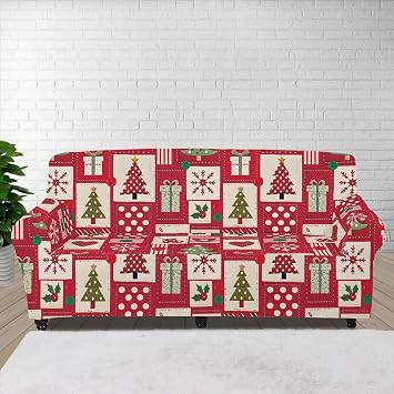 Boatee Christmas Patchwork Sofa Slipcover,Anti-Slip Soft Couch Sofa Cover, Washable Furniture Protection Elastic Bottom 4 Seater Cushion Couch Sofa Covers