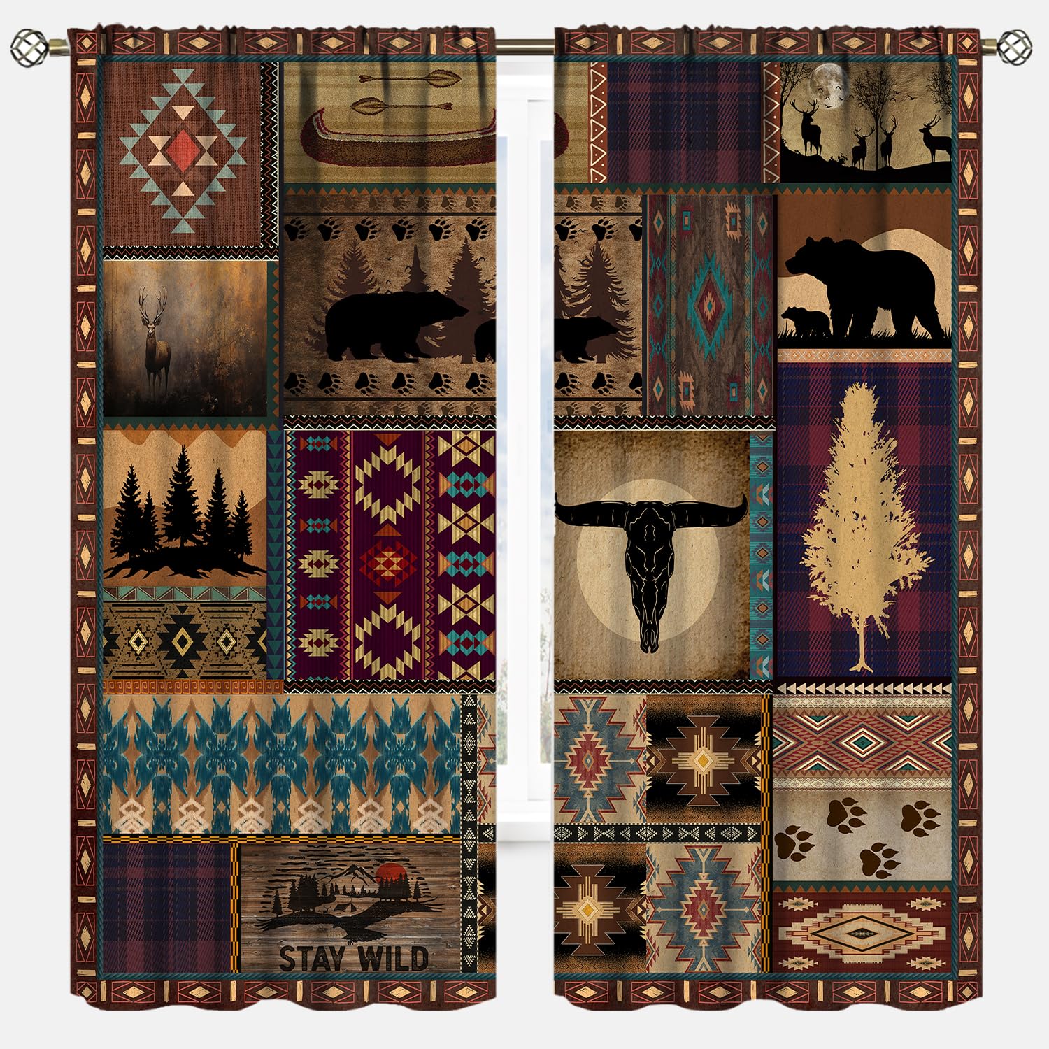 Tyvgicz Retro-04 Southwestern Retro Aztec Window Curtain, Retro Bear Native American Rustic Vintage Tribal Western Navajo Ethnicwindow Treatment For Living Room Bedroom Kitchen, 42X45 Inch