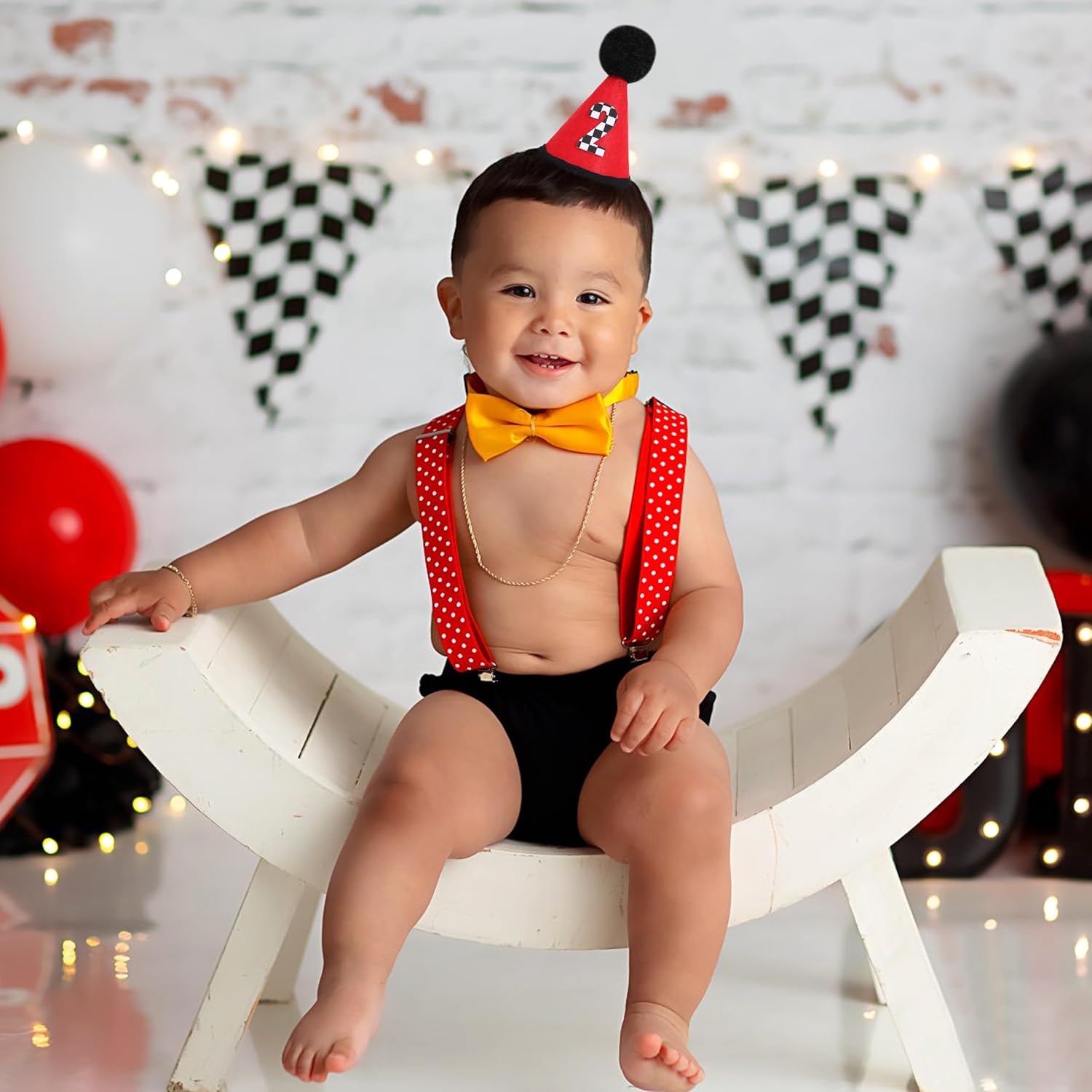 Race Car 1st Birthday Hat - Two Fast Birthday Decorations,Red Vintage Racing Cone Hat,Half Cake Smash Photo Props
