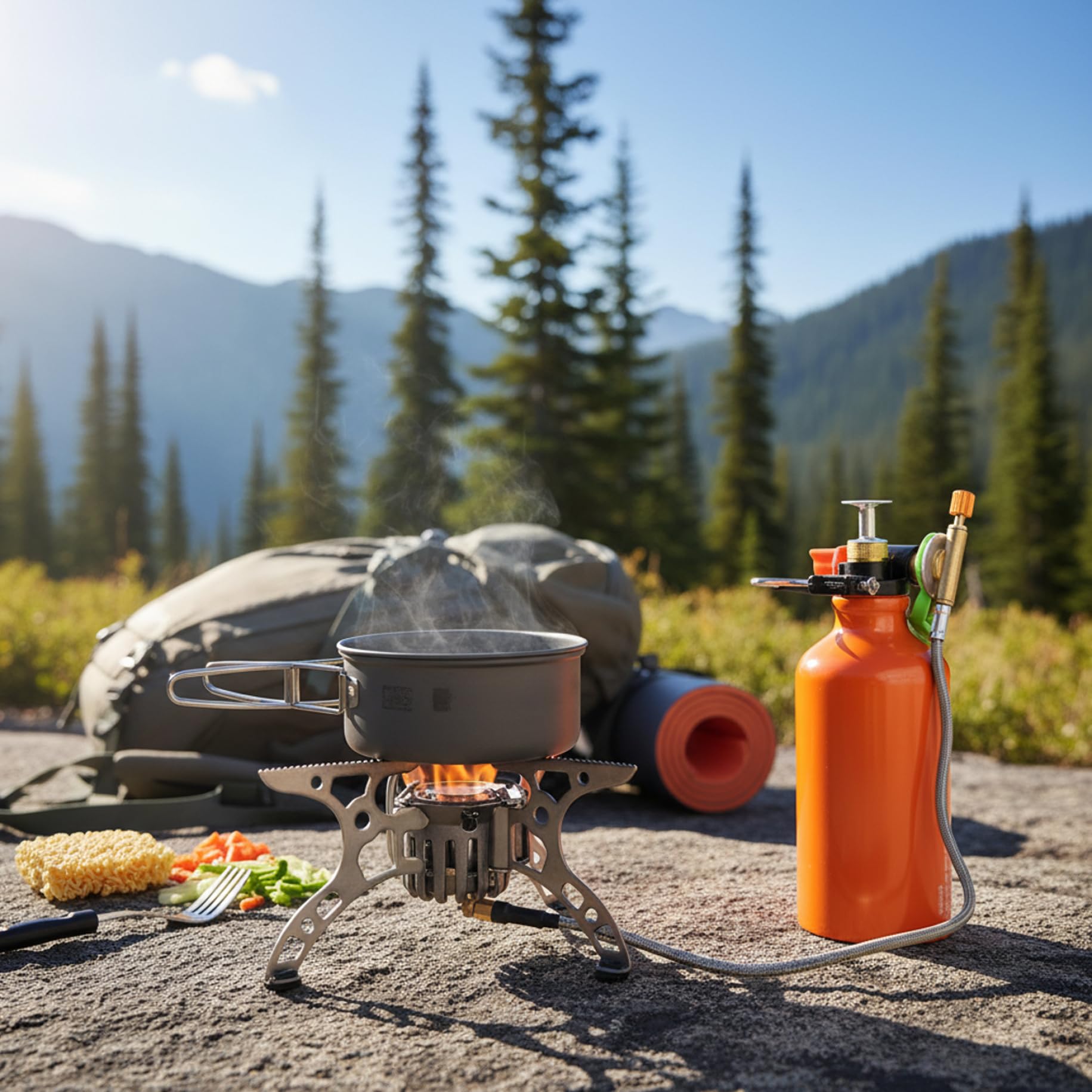 Multi-Fuel-Campingkocher, tragbarer Flüssigbrennstoff mit stabilen Stützbeinen für Camping, Wandern, Rucksackreisen, kompatibel mit Benzin, Alkohol