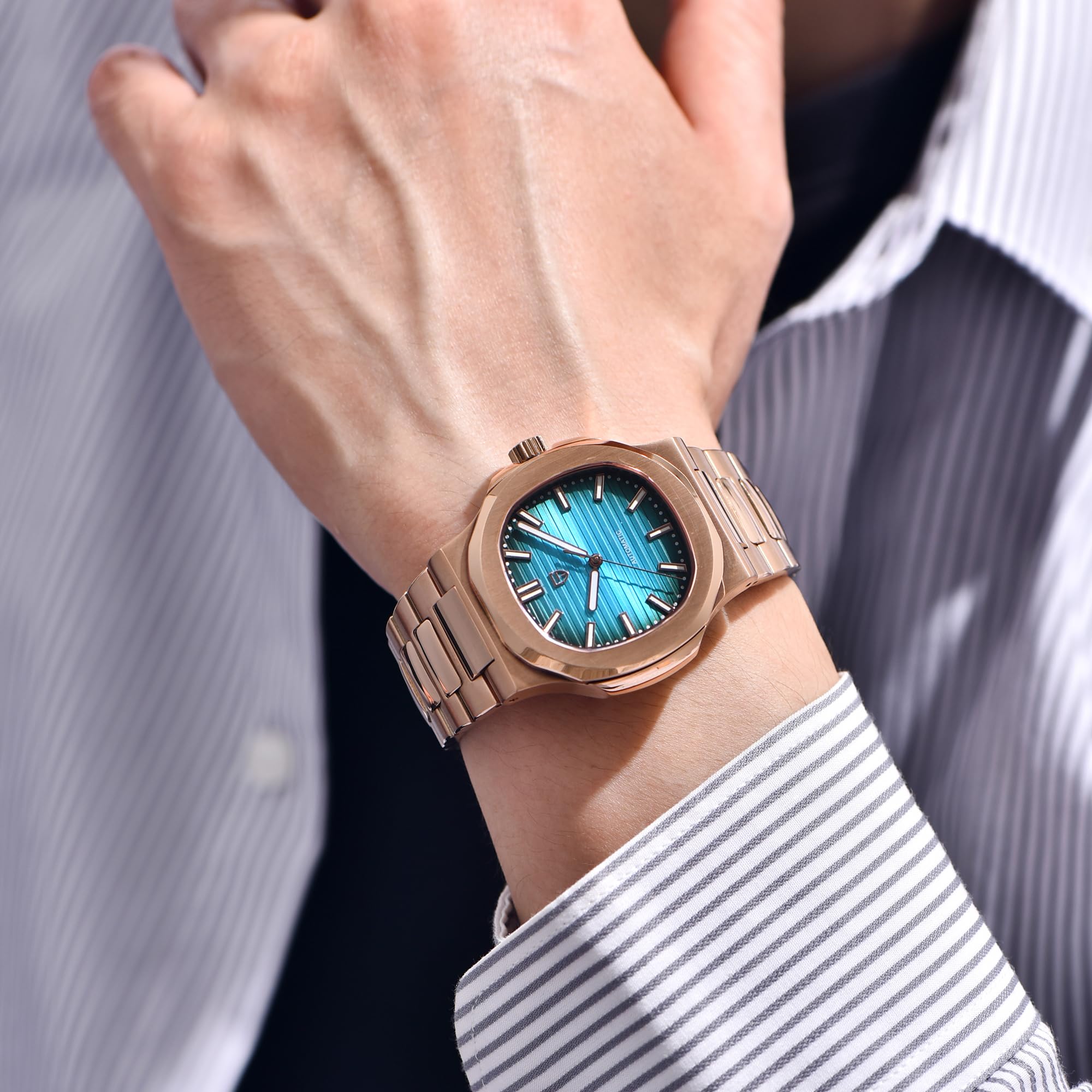 Pagani Design automatyczny zegarek dla mężczyzn, różowe złoto, 40 mm, stal nierdzewna, minimalistyczny, analogowy, prezent z syntetycznym szafirowym szkłem tarczowym, wodoodporny 100 m