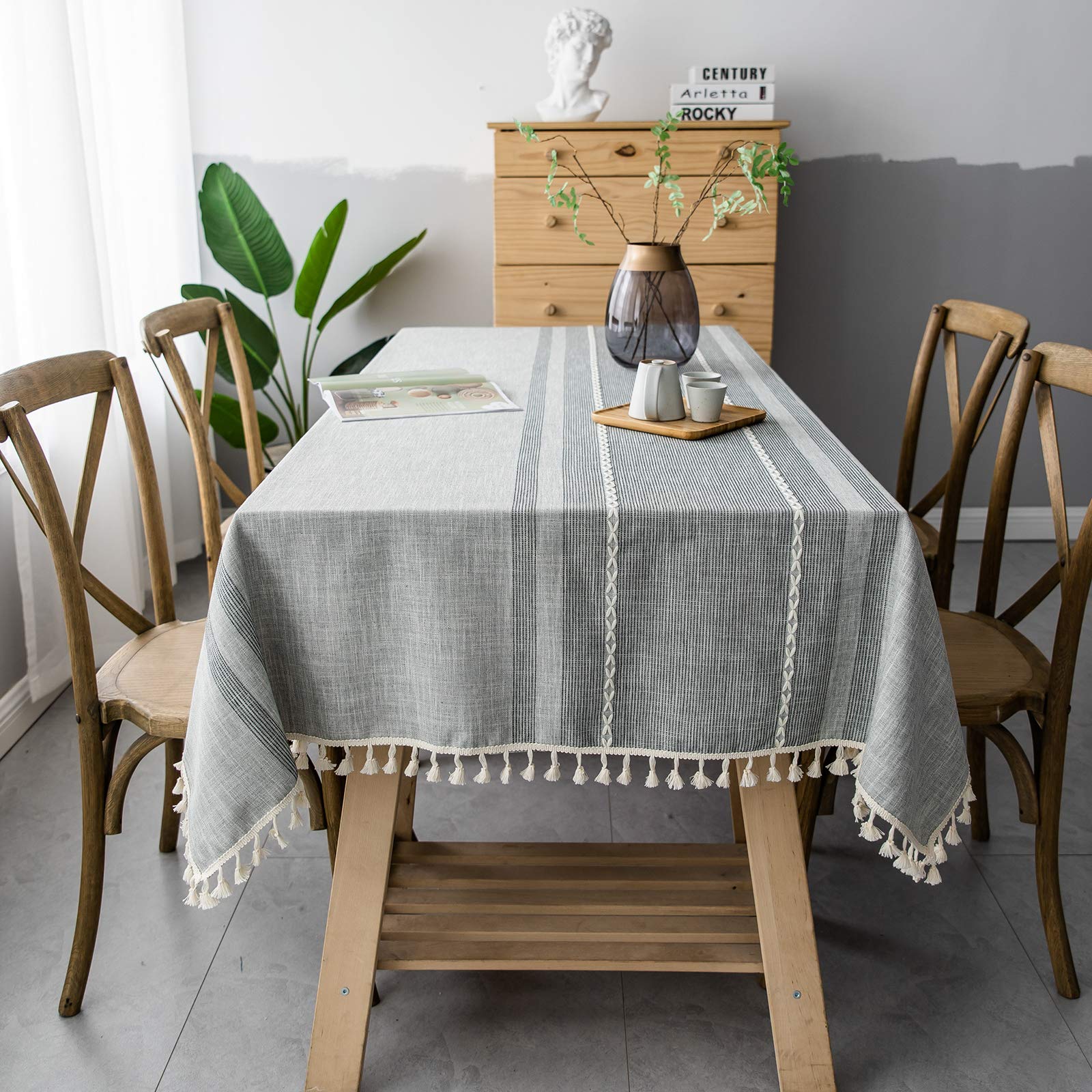 Stripe Tassel Tablecloth, Heavy Duty Cotton Linen Tablecloth,Tablecloth Rectangle Large for Kitchen Dinning Party