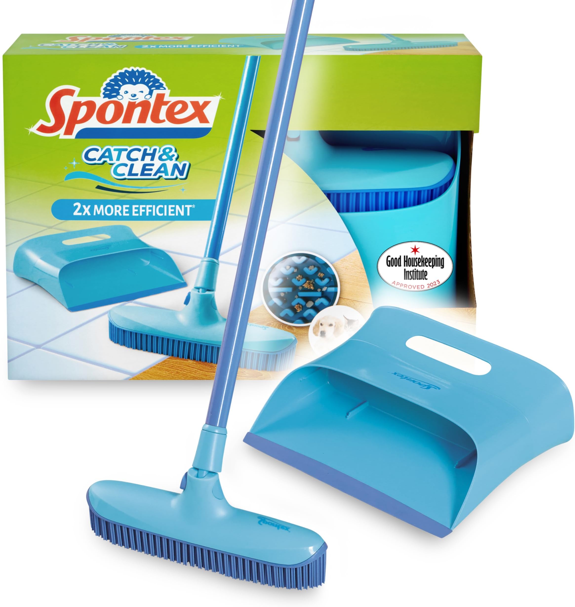 Spontex Catch & Clean Indoor Rubber Broom and Dustpan Set - Dustpan and Brush Set for Pet Hair Removal - Rubber Brush for Wet & Dry Sweeping Plus Multi-Surface Cleaning
