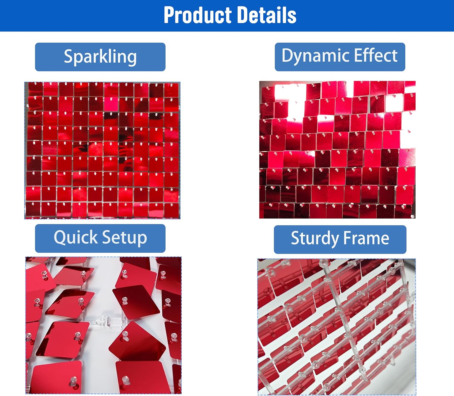 Ozikutech 24 Pcs Red Shimmer Wall Backdrop Panels for Party Decoration | 6x4 FT Sequin Backdrop, Sparkly Glitter Tinsel Photo Background for Birthday, Wedding, Prom and Graduation Party Decor