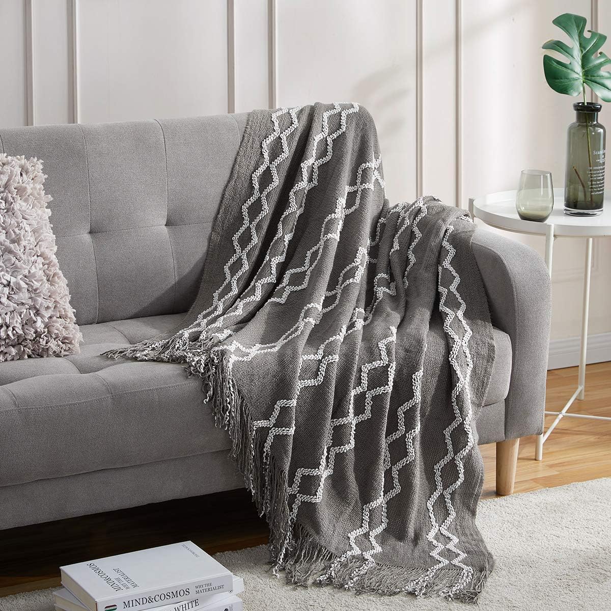 BOURINA Fluffy Chenille Knitted Fringe Throw Blanket Lightweight Soft Cozy for Bed Sofa Chair Throw Blankets Beige 60" x 80"