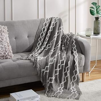BOURINA Knitted Throw Blanket Boho Chenille Outdoor Blanket,Grey 60x80Inch