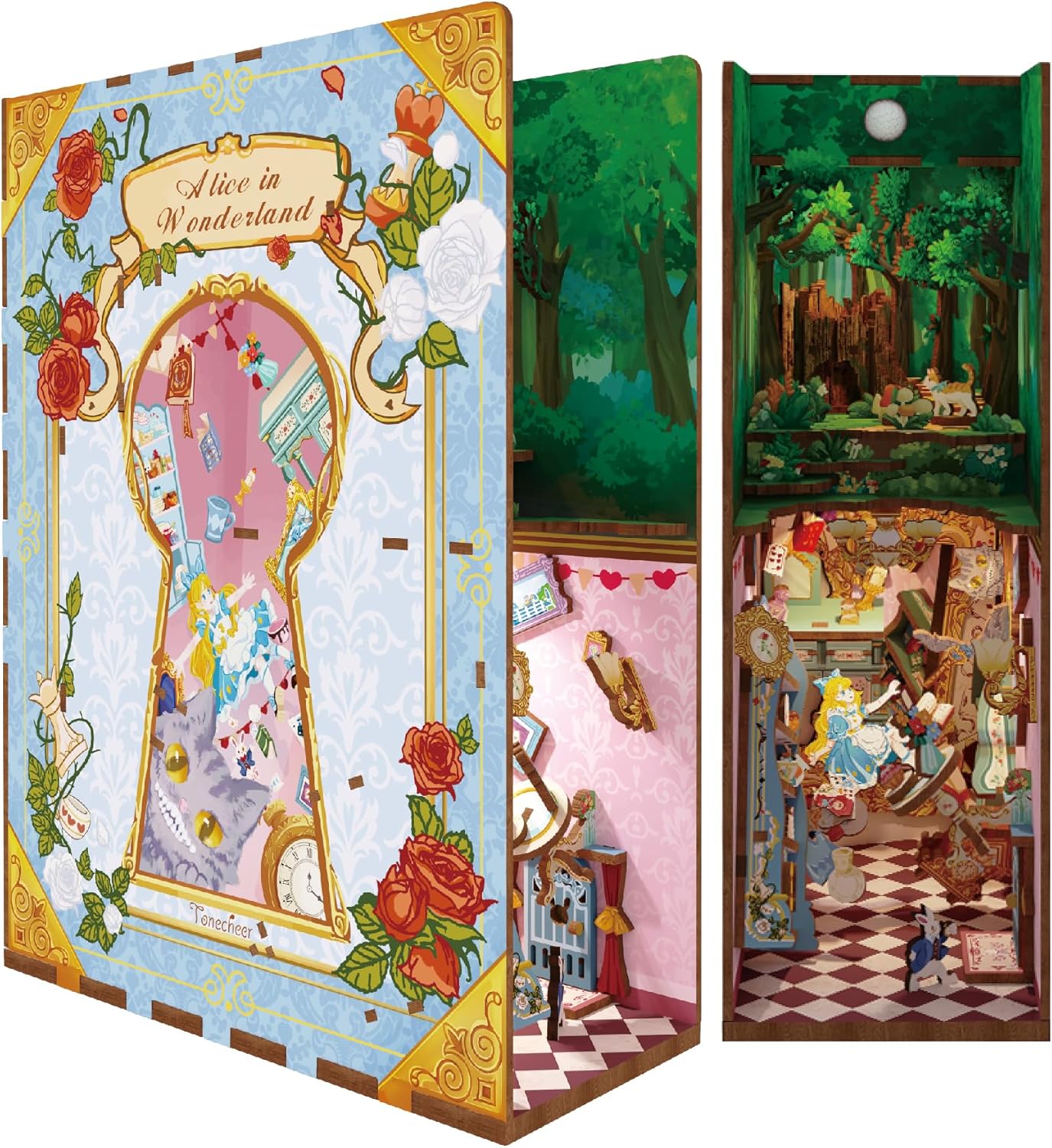 Tonecheer DIY Book Nook Kit for Adults,3D Wooden Puzzle Bookend Bookshelf Insert Library Decor, Booknook Miniature House Kit with Body Motion Sensor LED Light (Alice in Wonderland)