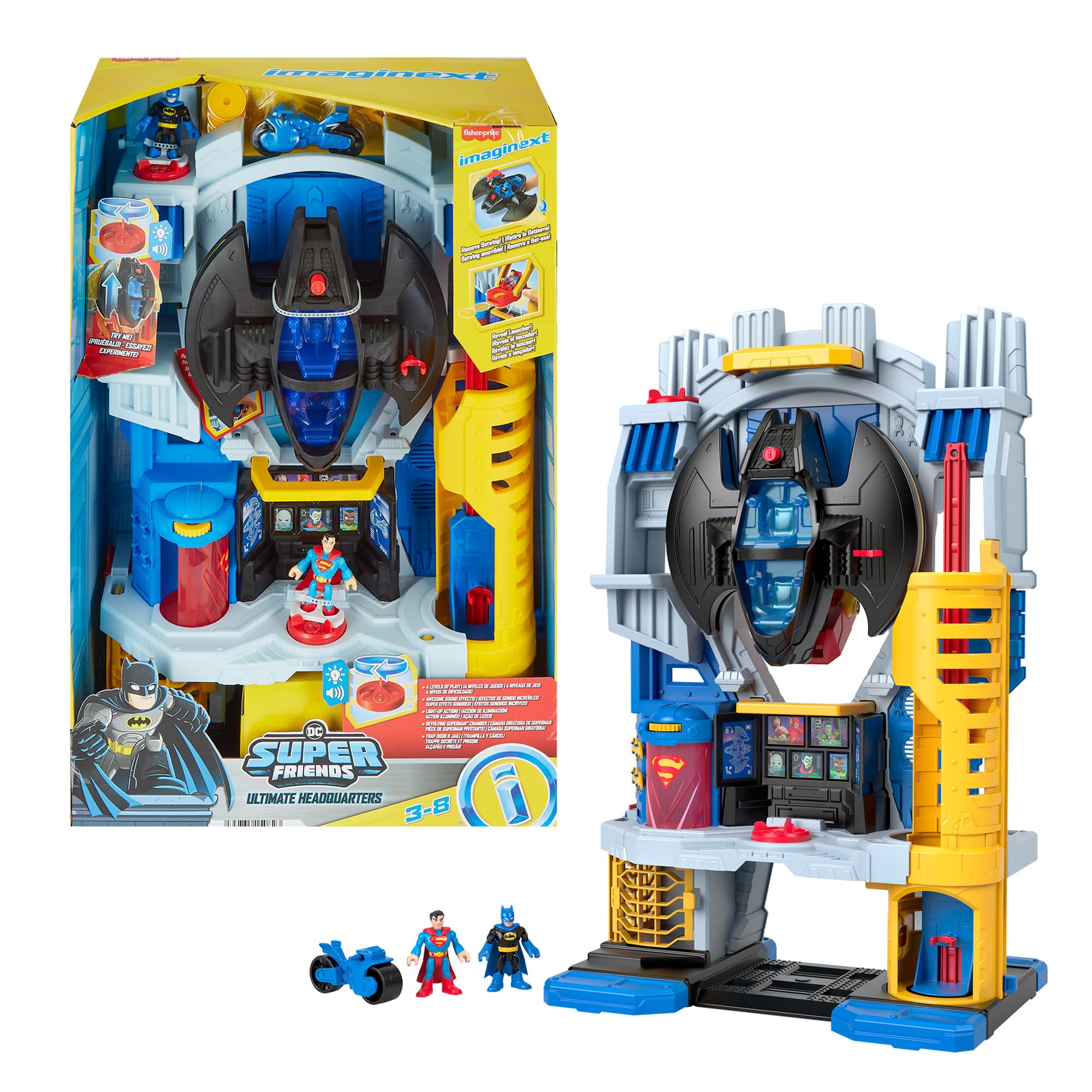 Fisher-Price Imaginext DC Super Friends Kwatera główna Zestaw do zabawy (ok. 68,5 cm) ze światłami, dźwiękami i 10 elementami, zabawka dla dzieci w wieku od 3 lat, HNW08
