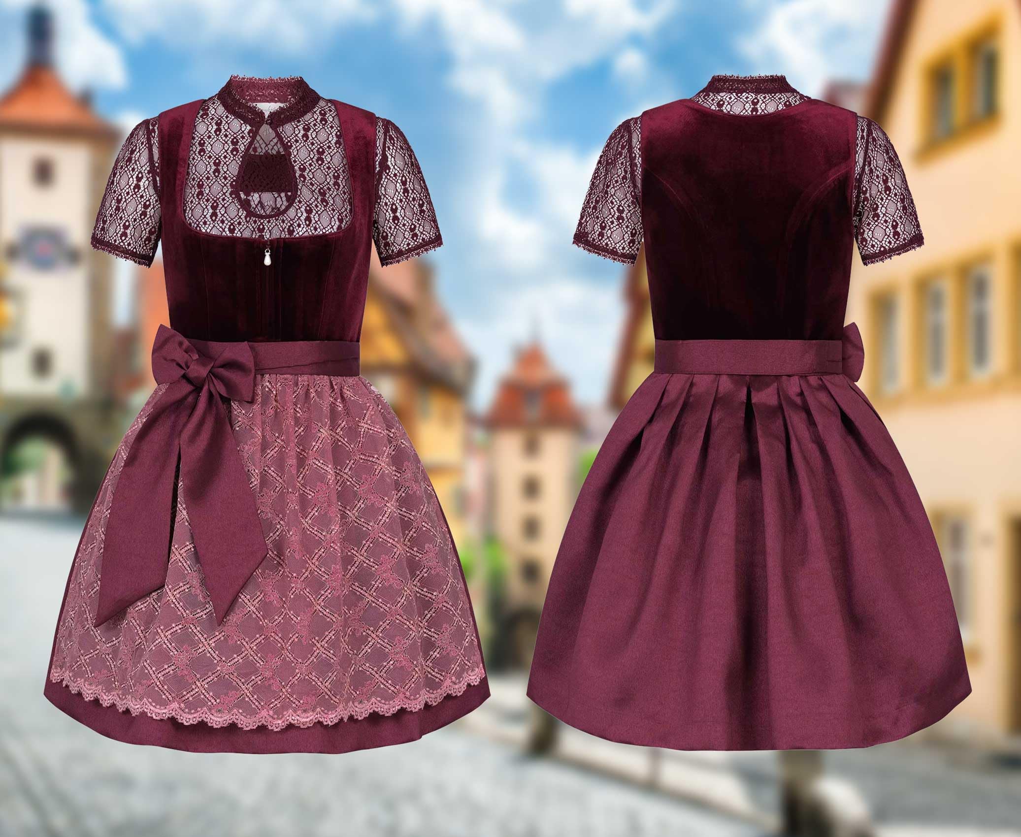 Steigenhöfer Manufaktur Dirndl Damen im Set - Oktoberfest Outfit - Set enthält Kleid Bluse und Schürze - Midi Dirndl mit 60cm Rocklänge - Feine Samtoptik und Perlenapplikation - Franziska