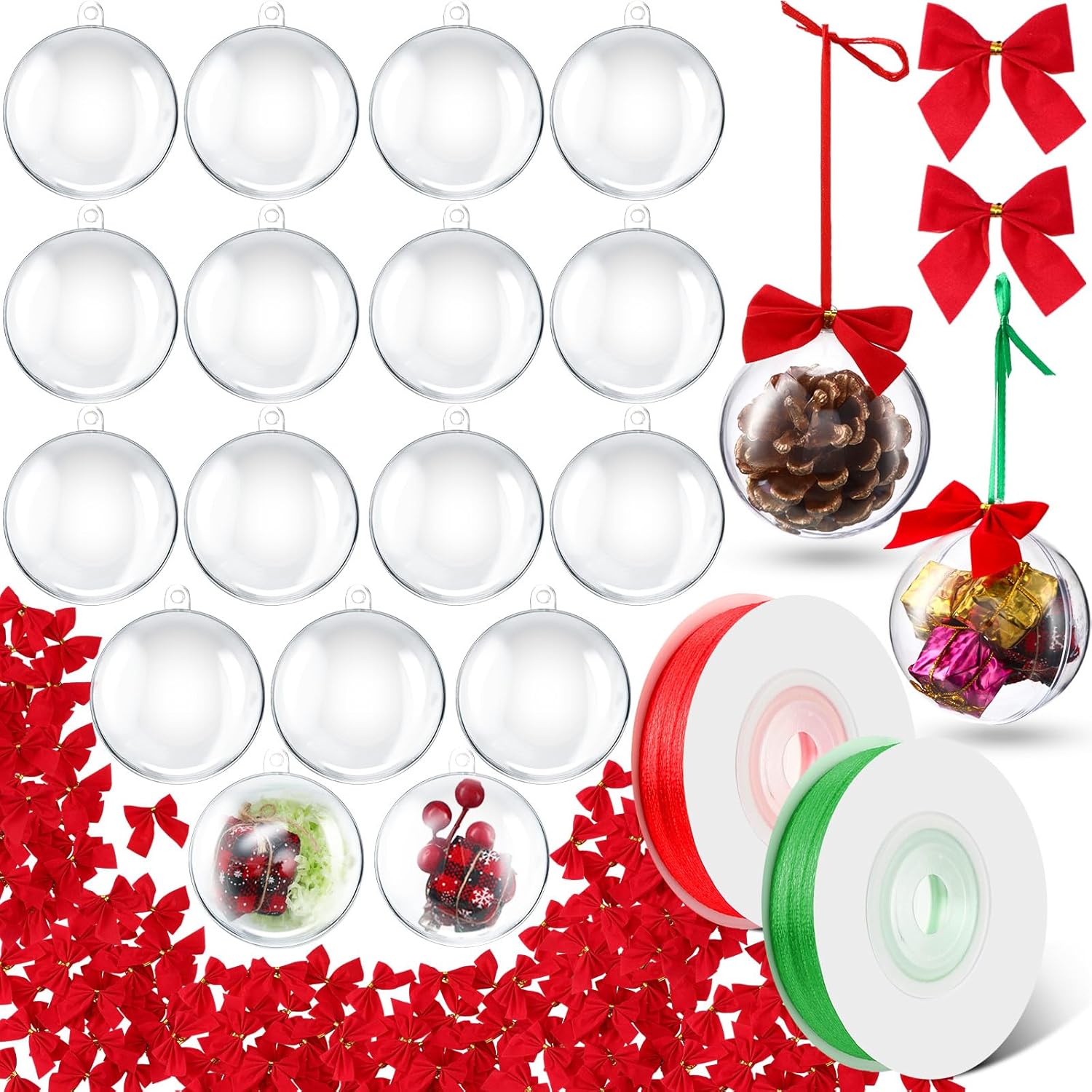 Liliful 100 Pcs Clear Christmas Plastic Ornament Ball 2.76 Inch/ 70 mm Fillable Ball Ornaments Hanging Christmas Spheres with 100 Bows 2 Red and Green Ribbons for DIY Craft Xmas Tree Decorations