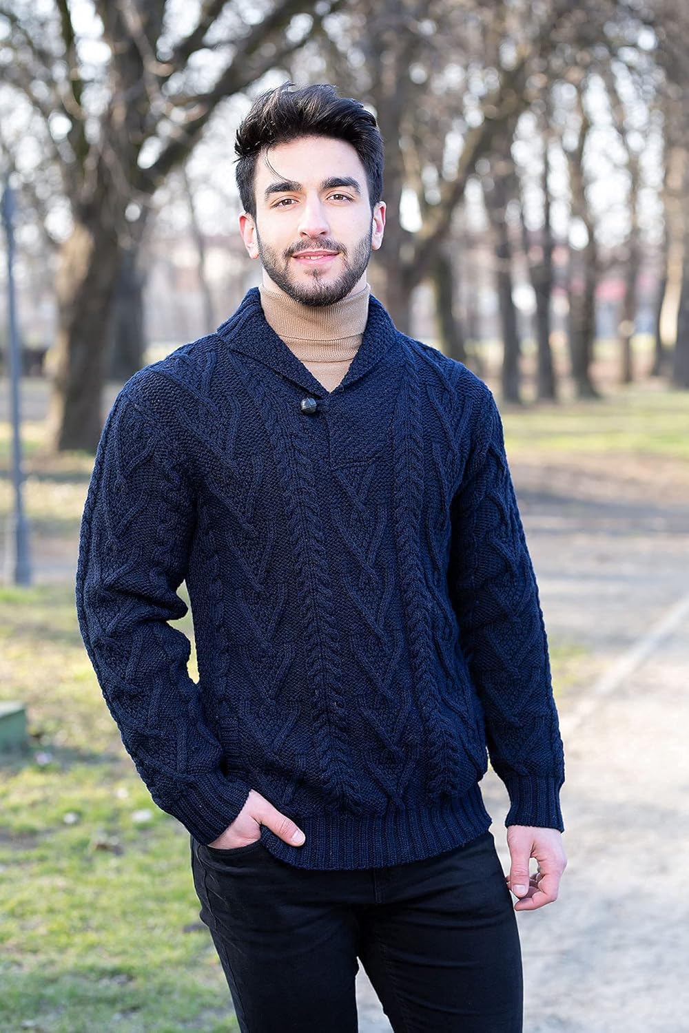 100% Merino Wool Men's Shawl Collar Single Button Irish Cable Knit Sweater Knitwear with Pockets