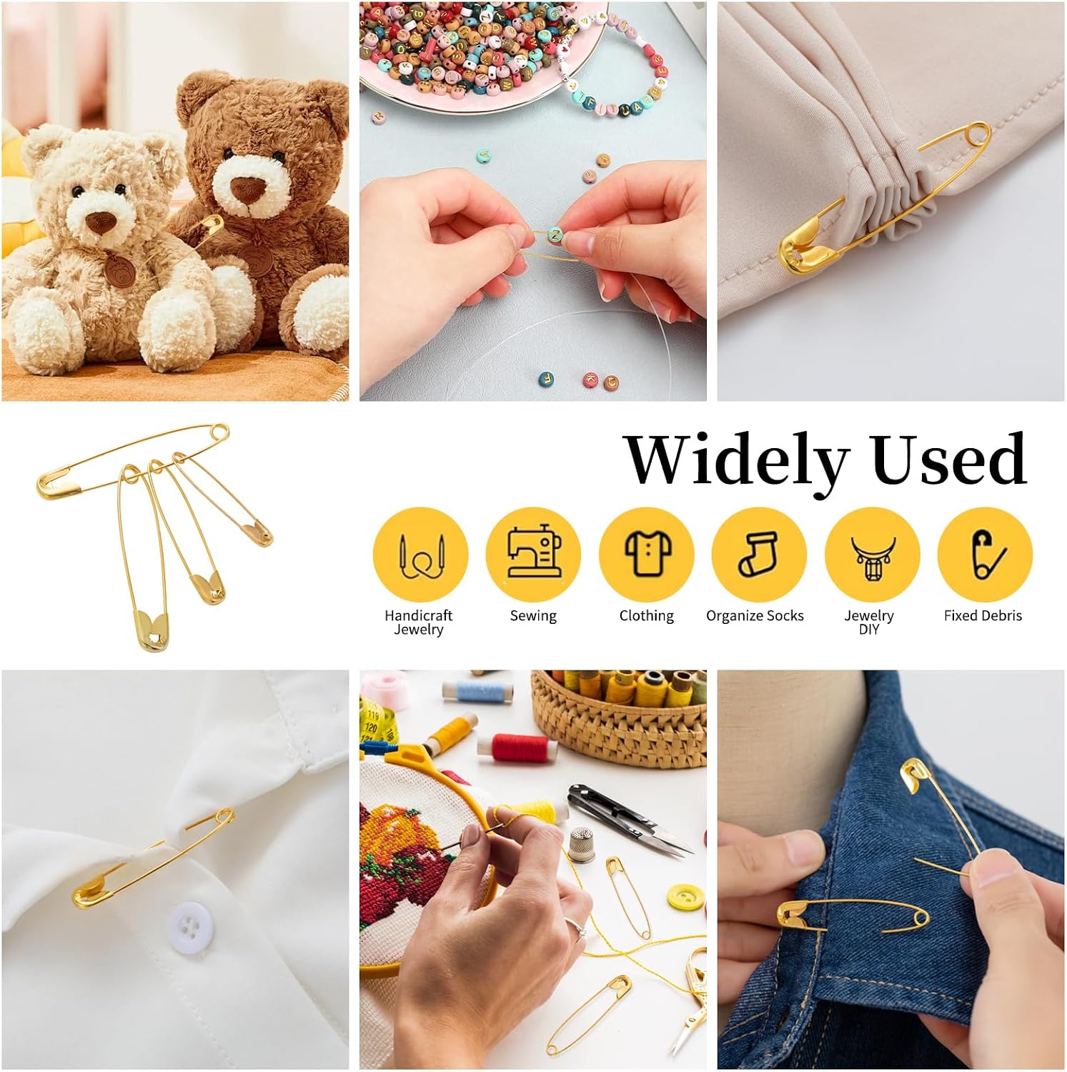 Safety Pins - 270 Assorted Sizes Bulk Pins - Large Heavy Duty Pins for Clothing, Sewing and Crafts (Golden)