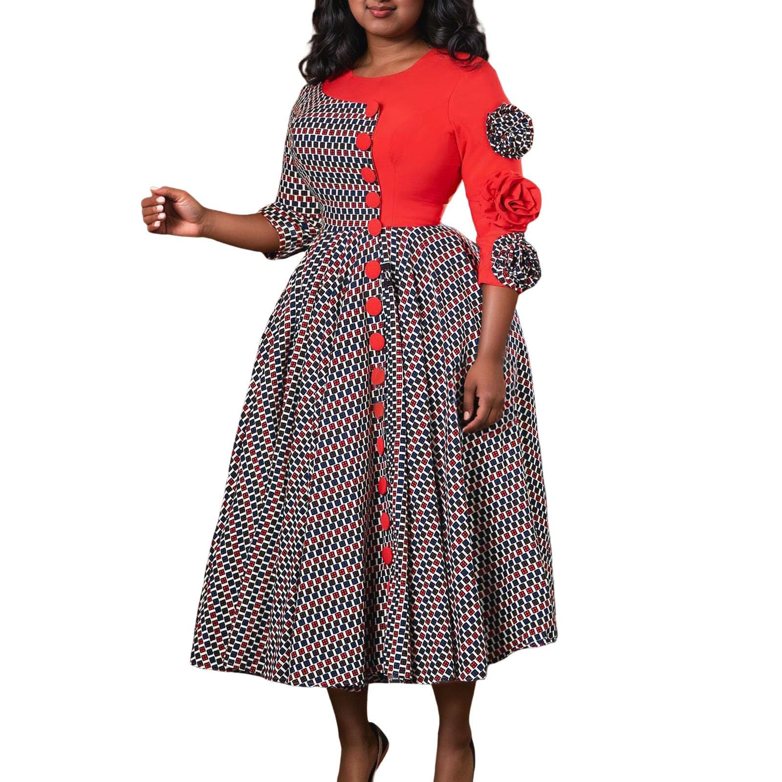 Générique Robe Africaine Patchwork élégante et Tendance pour Femme avec col Rond et Manches Trois-Quarts