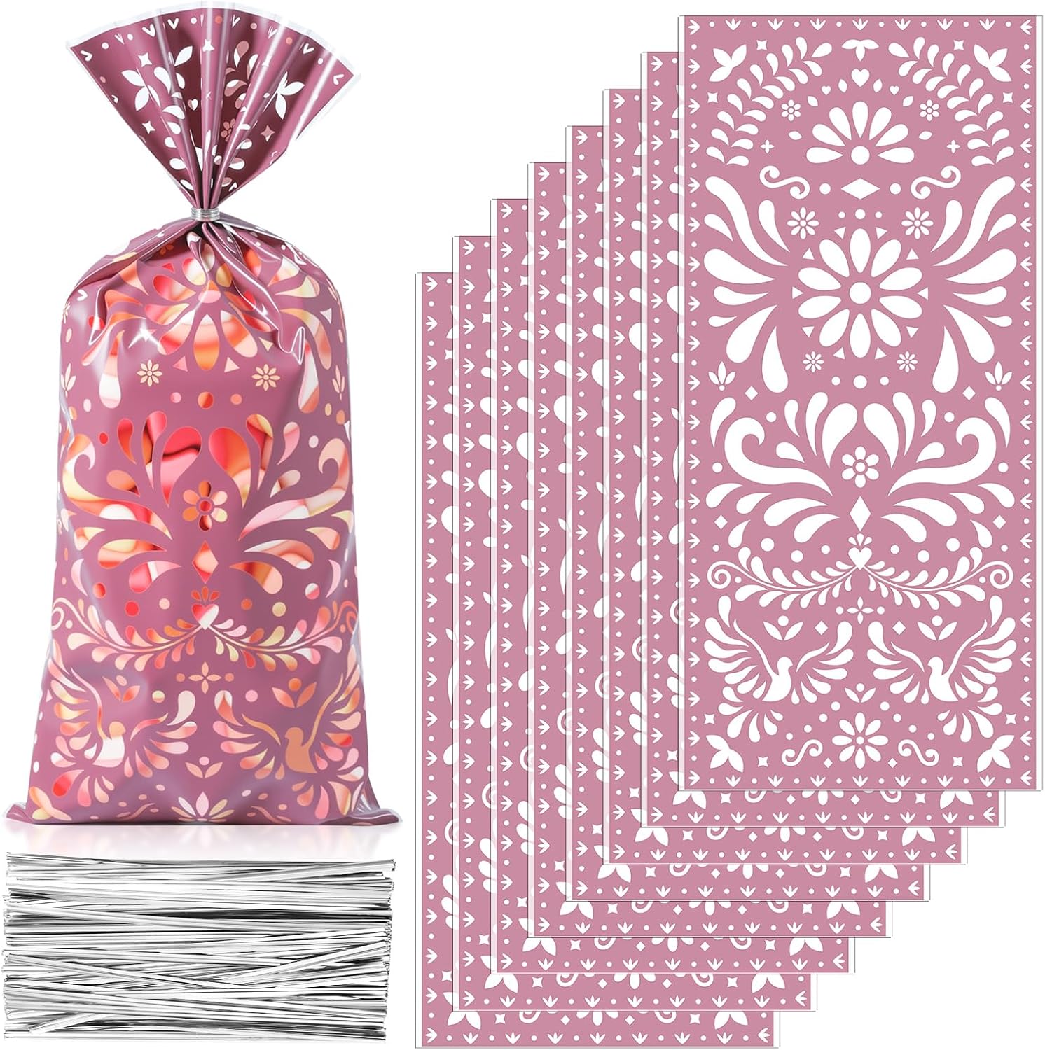 Funrous 100 Pcs Cielito Lindo Candy Bags Mexican Fiesta Gift Bags with Twist Ties Cinco De Mayo Party Favors Barro Candy Sack Talavera Sack for Mexican Wedding Fiesta Party Supplies(Pink)