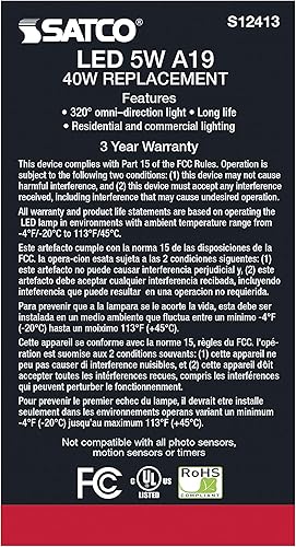 Miniatura 4 de Satco Paquete de 6 lámparas de filamento LED regulables, S12413, lúmenes altos, 5 vatios, A19 blanco suave 3000 K base media 90 CRI 120 voltios para